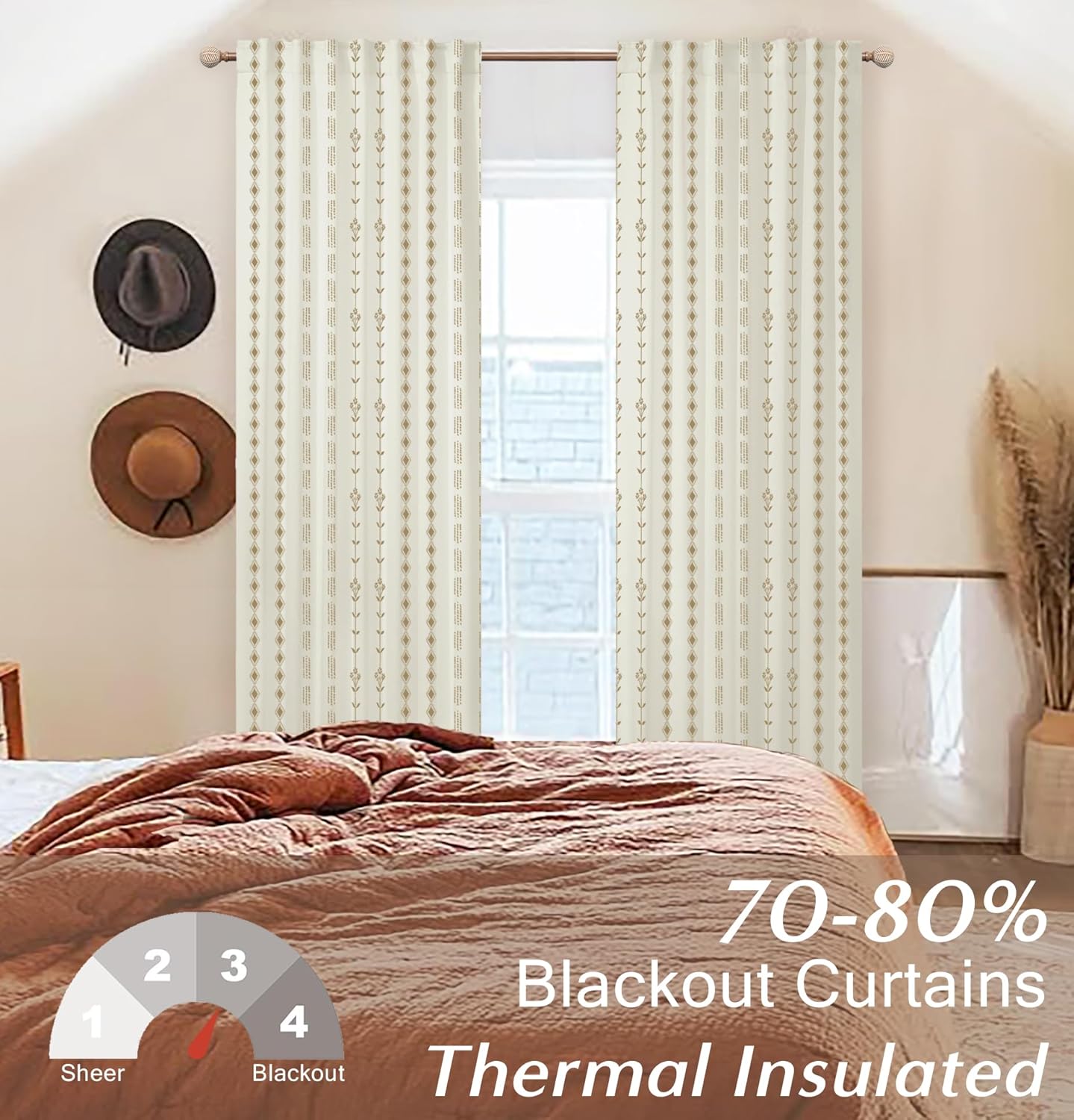 Bay Window Curtains 63 Inch Length,Boho Chocolate Brown and Cream Sun Blocking Curtains for Bedroom Living Room 2 Panels Set