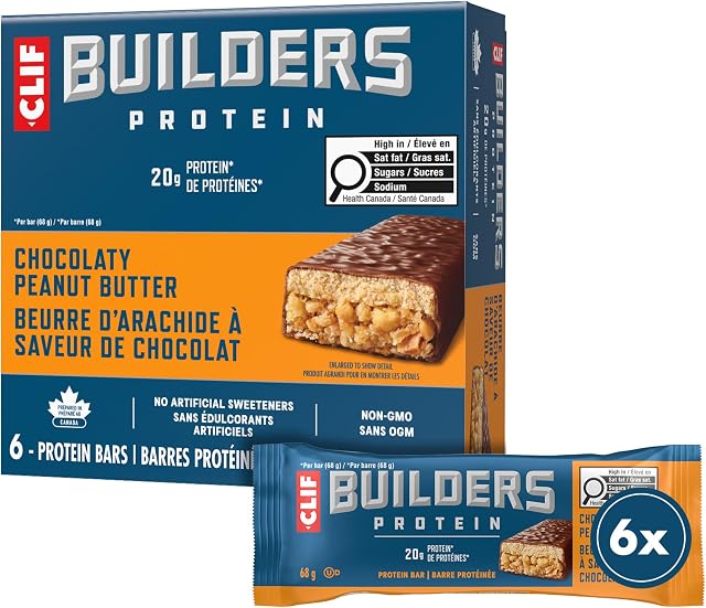 CLIF BUILDERS Protein Bars, Saveur de beurre d'arachides au chocolat, 20g de protéines, préparées au Canada, sans gluten, sans édulcorants artificiels, 68 g (paquet de 6)