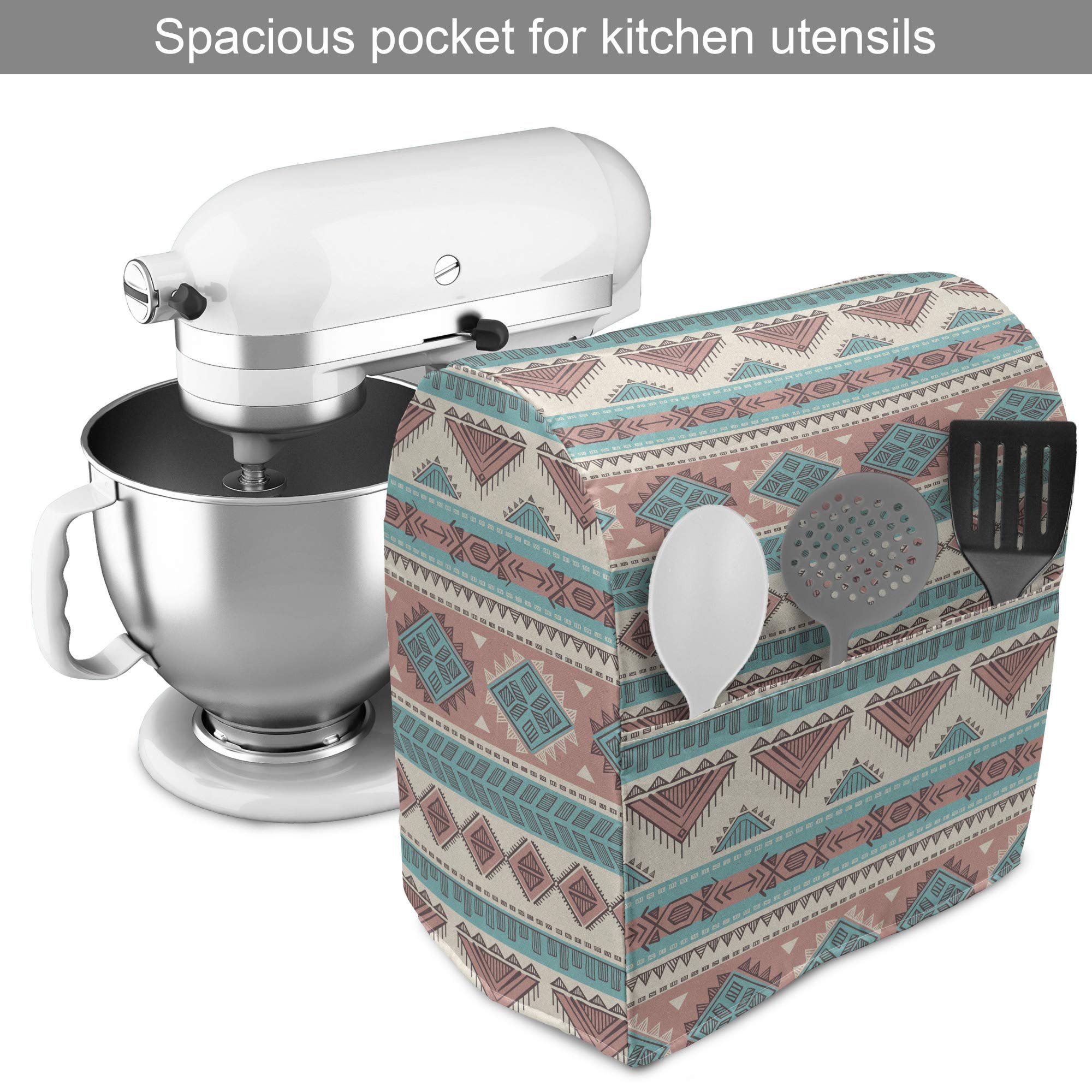 Ambesonne Tribal Stand Mixer Cover, Vintage Design Native Style Geometric Triangles Print, Kitchen Appliance Organizer Bag Cover with a Pocket, 6-8 Quarts, Cream Aqua and Peach