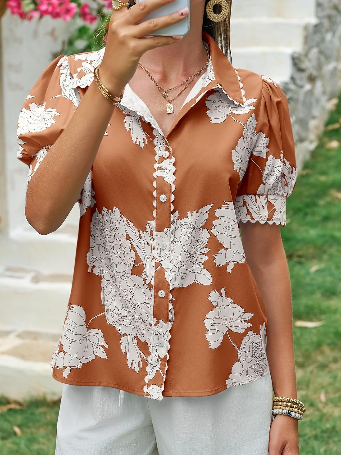Cicy Bell Womens Puff Sleeve Button Down Shirts Floral Print Summer Casual Tops Boho Loose Fit Collared Blouse - Image 5