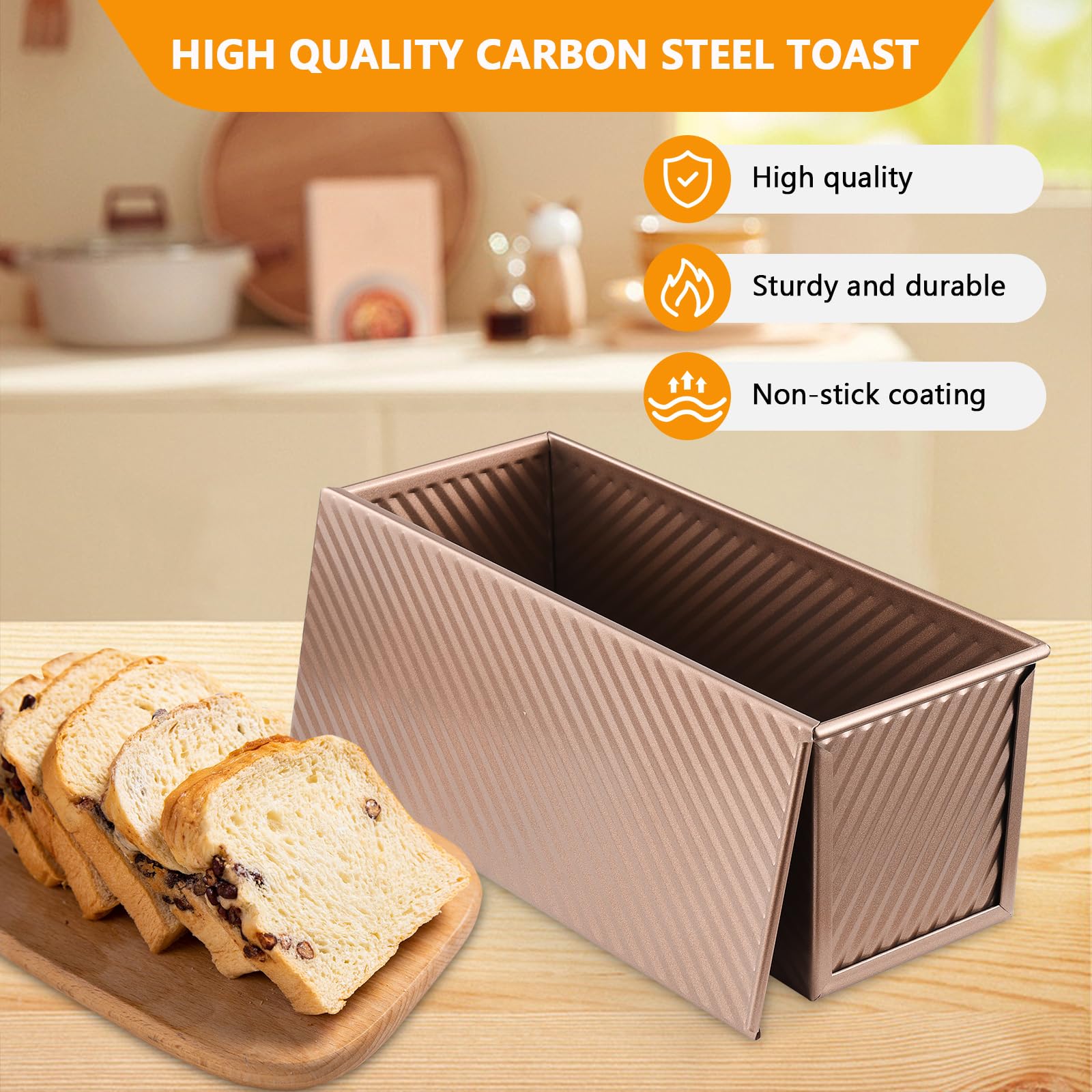Stampo Pane in Cassetta con Coperchio,Impasto da 1000 g (2,2 Libbre),Teglia per Pane in Acciaio Al Carbonio Color oro Rosa,Pane in Cassetta con Fori di Ventilazione per Pane, Toast e Torte