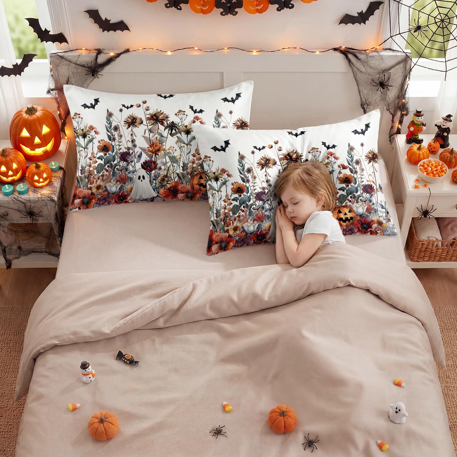 Horaldaily Halloween Goblin Bat Flower Standard Size Satin Pillowcases 2PCS