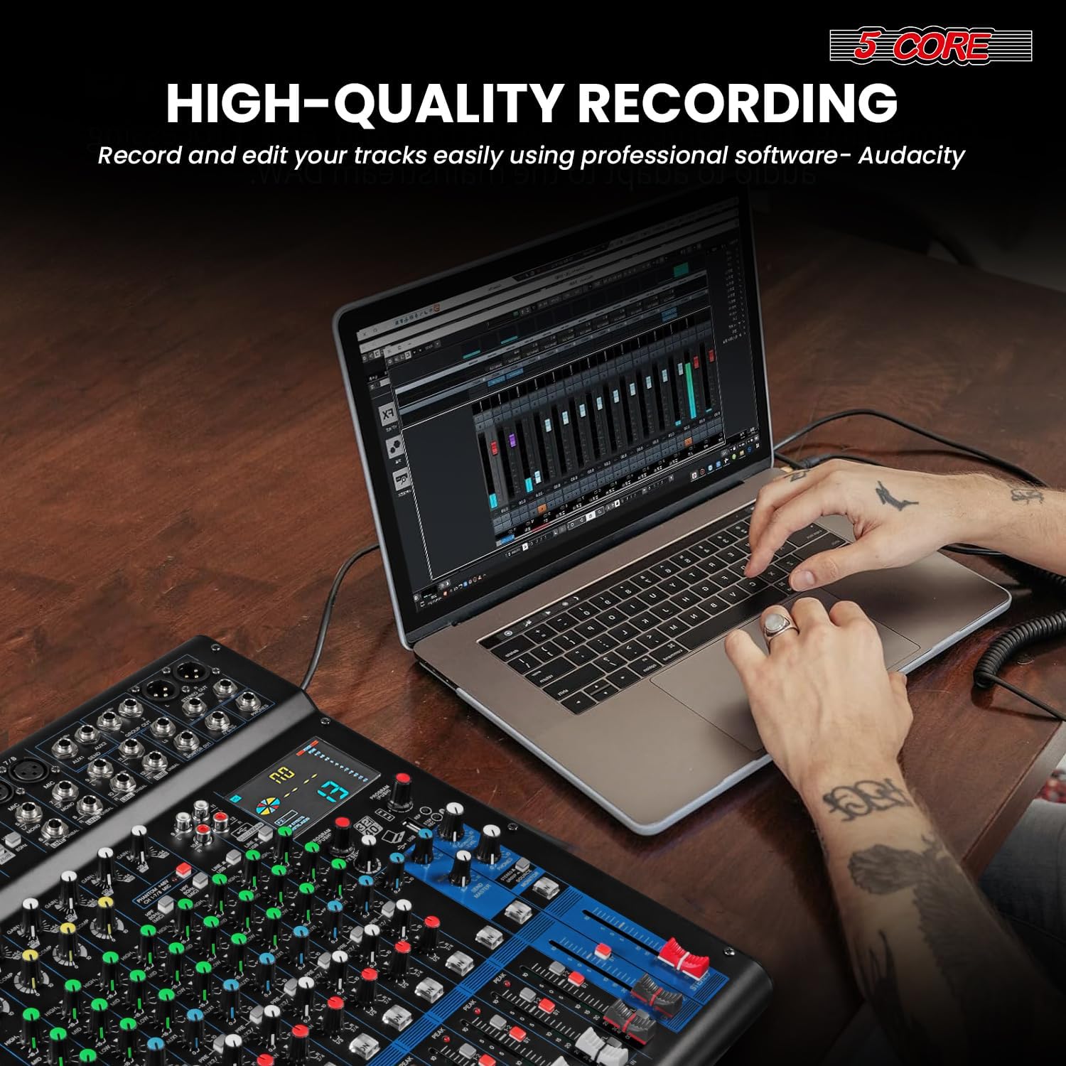 5Core DJ Audio Mixer 16 Channel Professional Stereo Sound Board w 256 digital effects USB Bluetooth 48V Phantom Power Consola De Audio for Studio Recording Podcasting DJ Show - MX 16CH XU
