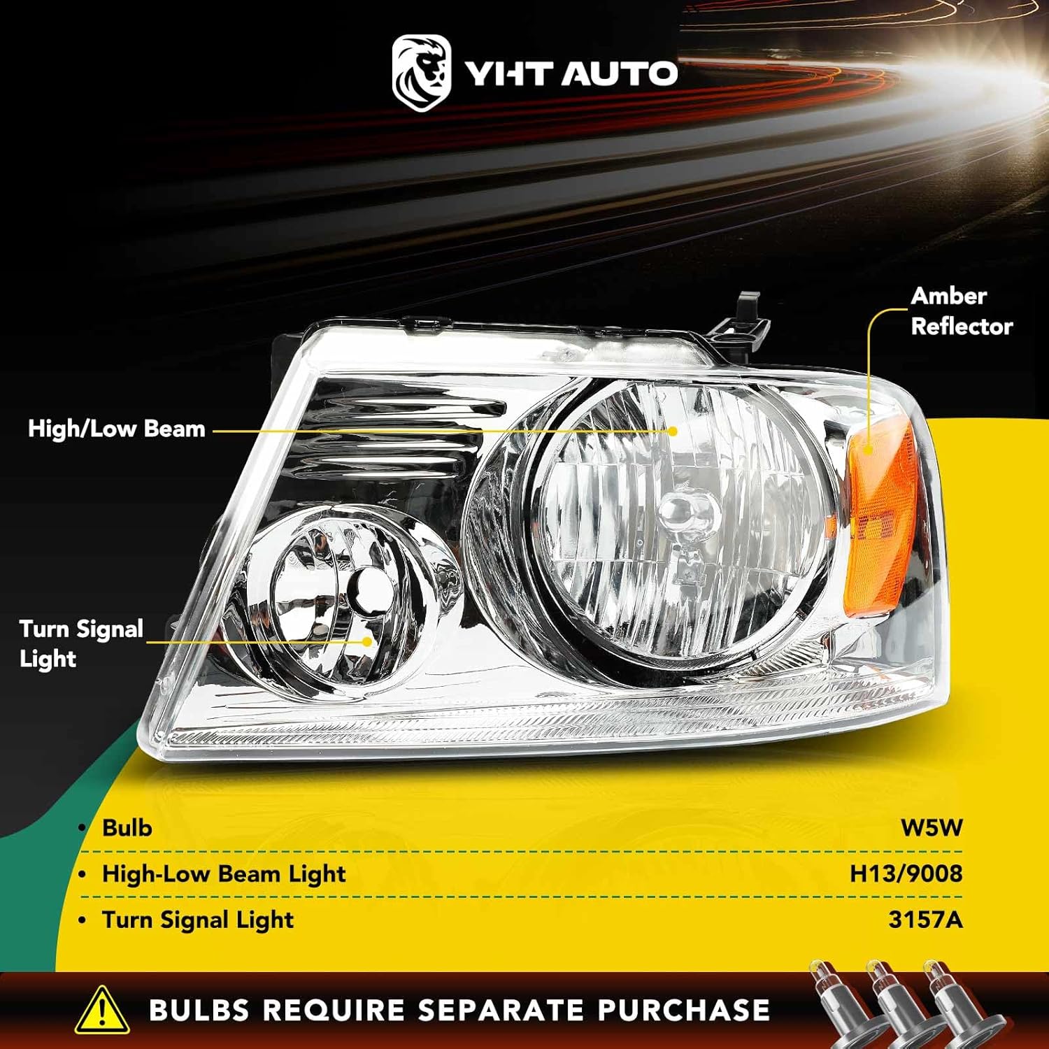 YHTAUTO Pair Headlights Assembly Compatible with Ford F-150 2004-2008 & Lincoln Mark LT 2006-2008, No Bulbs Included, Direct Fit DOT Certified Head Lights Lamps, Clear Lens Chrome Housing