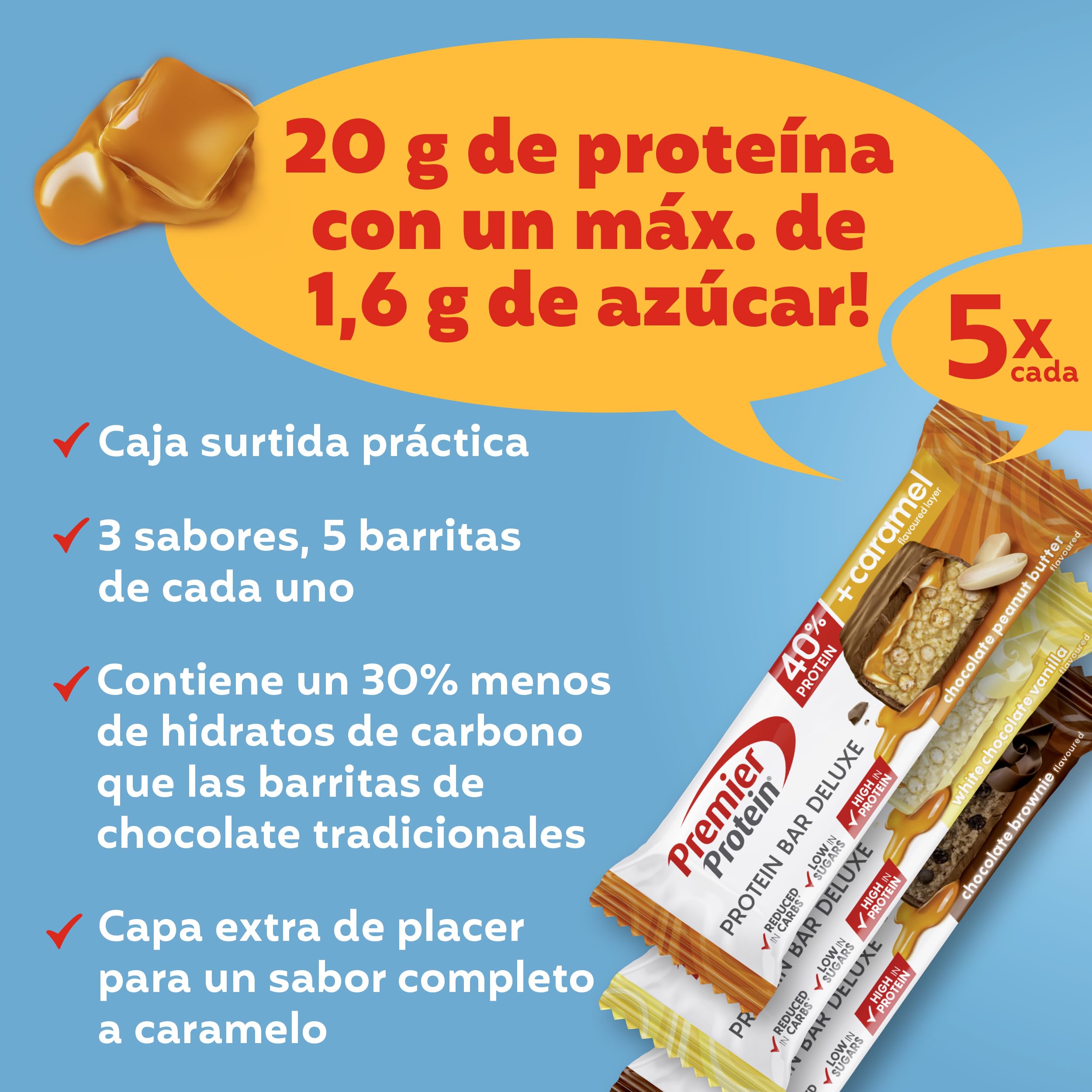 Premier Protein - Protein Bar Deluxe 40% - Multiflavourbox - 15x50g - Low sugar - Low Carb - palmölfrei