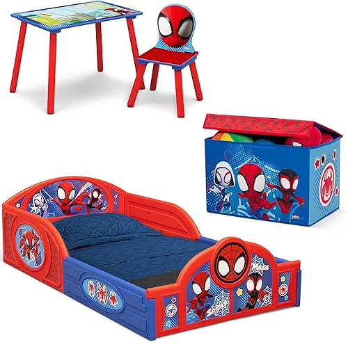 Delta Children - Marvel Spidey and His Amazing Friends Juego de habitación en caja de 4 piezas para niños pequeños - Incluye cama para dormir y jugar, mesa, 1 silla y caja de juguetes de tela, azul/rojo