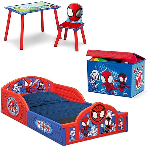 Delta Children - Marvel Spidey and His Amazing Friends 4-Piece Toddler Room-in-a-Box Set – Includes Sleep and Play Toddler Bed, Table, 1 Chair and Fabric Toy Box, Blue/Red