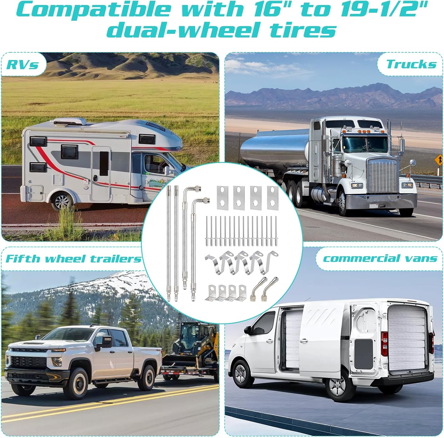 Dually Valve Stem Extenders Kit, Double Tires Air Inflation Kit Stainless Steel Braided Valve Stem Extension Fits 16" to 19-1/2" Dually Wheels Valve Extension for Cars Motorhome RVs Trucks Trailers