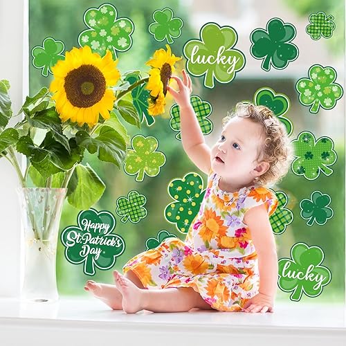 Miniatura 2 de Whaline 9 hojas de calcomanías para ventana del día de San Patricio, trébol verde, decoración de ventana de trébol de la suerte de doble cara para