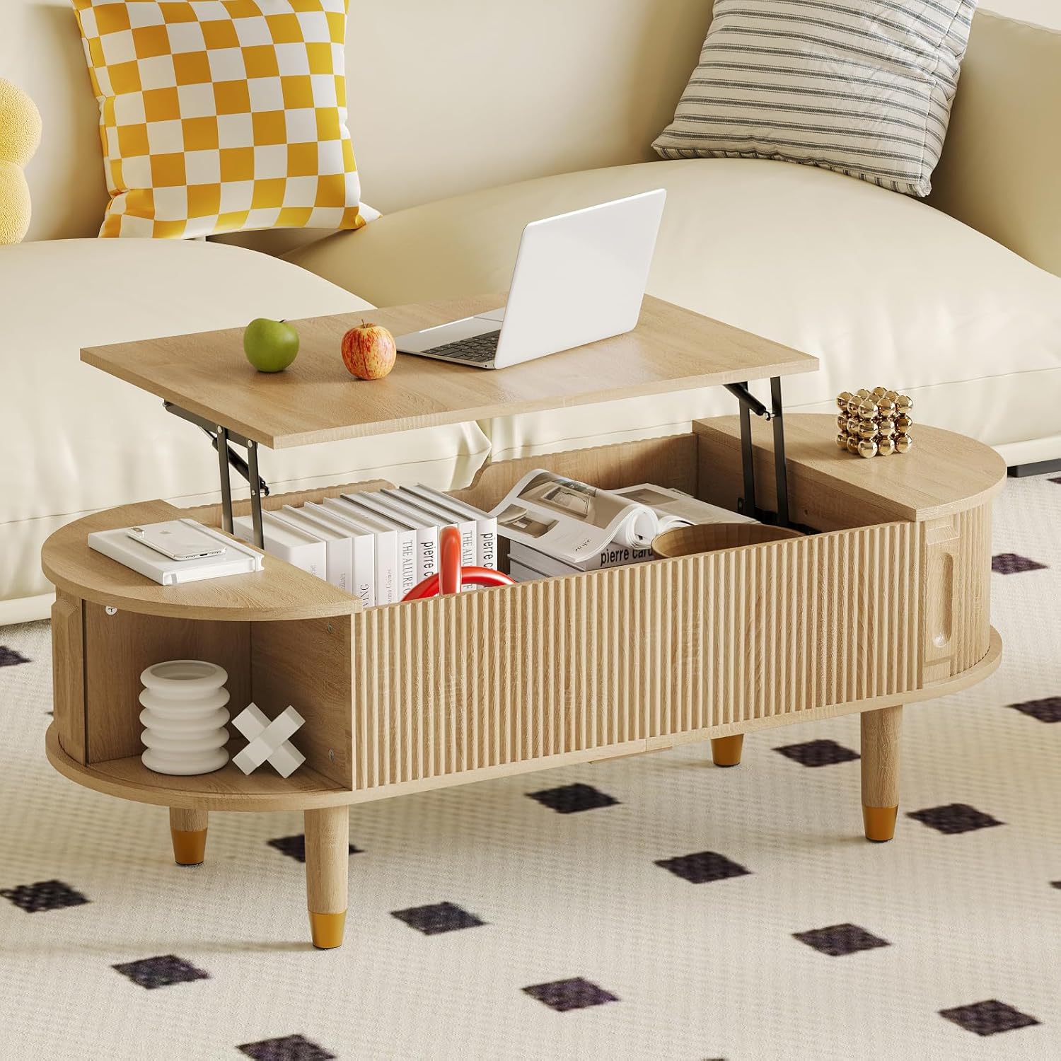 Oval Lift Top Coffee Table with Storage, 47.2" Mid Century Modern Fluted Center Table with Hidden Compartment Lift Tabletop Dining Table for Living Room Home Office, Oak