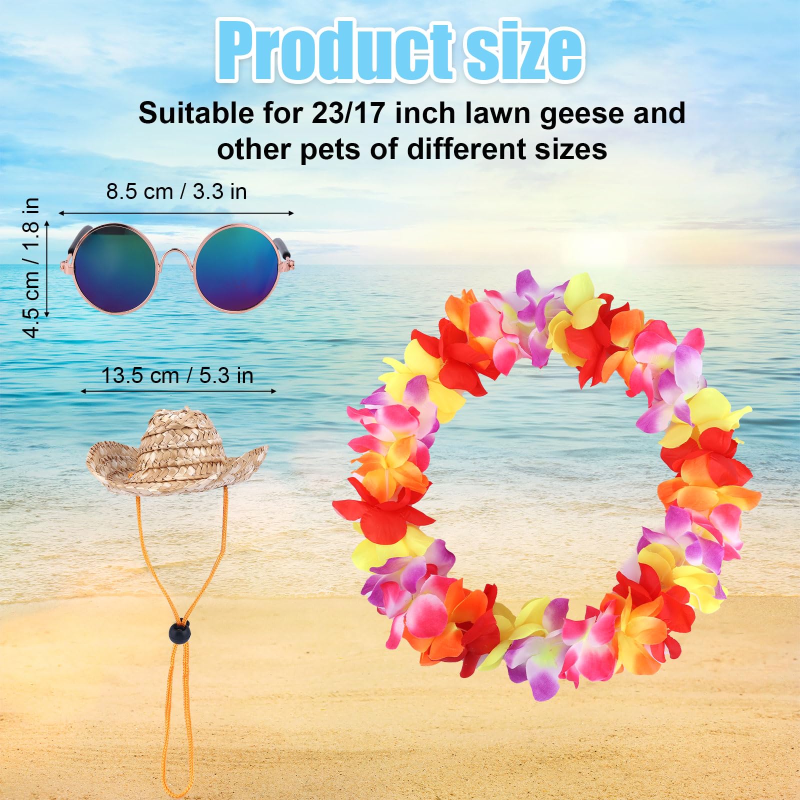 BOXOB Porch Goose Outfit, Summer Porch Goose Clothes with Cute Sunglasses Adjustable Hat Hawaiian Garland Colorful Costume for Garden Retro Pet Cosplay Party Patio Yard - Image 2