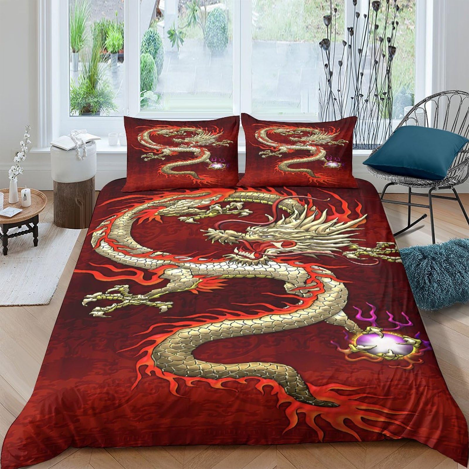 Ctjqhvkz Style-8 3D Printed Red Dragon Fitted Sheet Microfiber Decorative Asian Golden Dragon Bed Sheet For Bedroom Guest Room Mattress Protection Single（135X200cm）