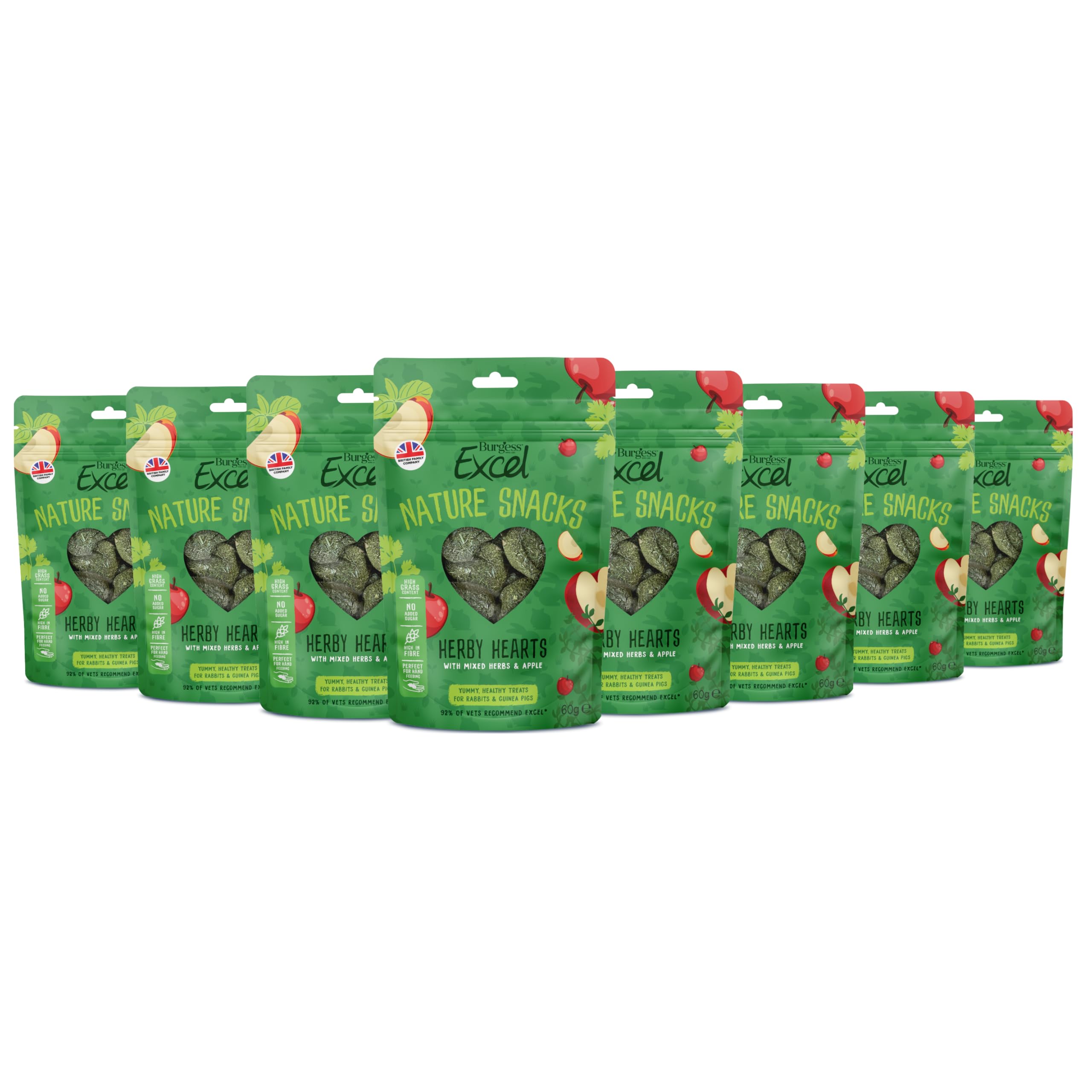 Burgess Excel Herby Hearts Rabbit & Guinea Pig Treats - 480g - Rabbit & Guinea Pig Baked Treats Made with Herbs & Apple - High Fibre, Small Animal Snacks (Pack of 8)