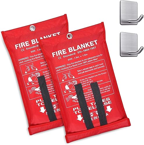 Manta de emergencia contra incendios de 40 x 40 pulgadas y ganchos, paquete de 2, manta de supresión de incendios, fibra de vidrio. Manta ignífuga