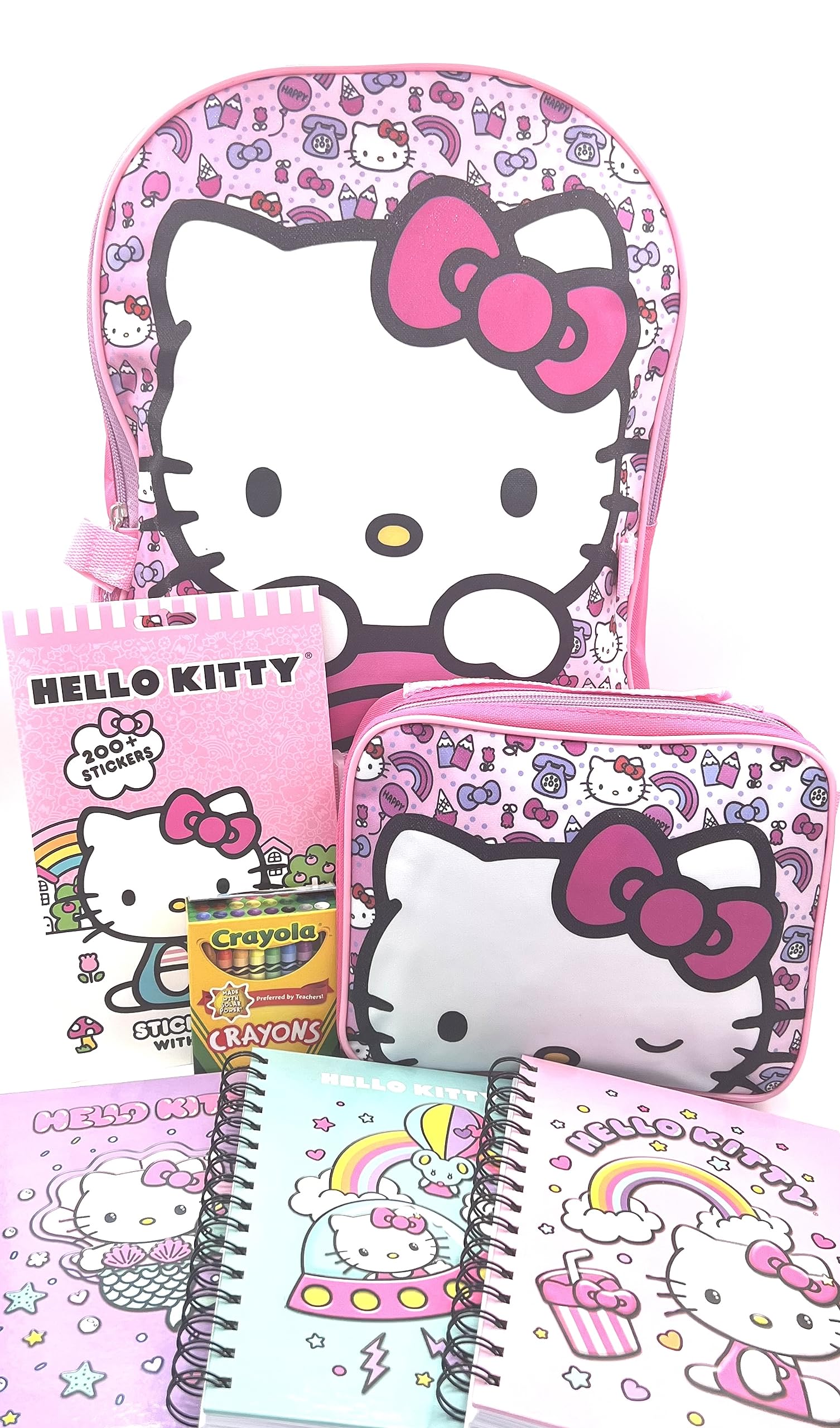 Hello Sanrio Kitty Backpack Lunch Box Set For Kids - 5 Pc Bundle With 16 inches Hello Kitty Backpack, Lunch Box, 200+ Stickers, 24pk Crayons, and 1 Notebook Cover Varies