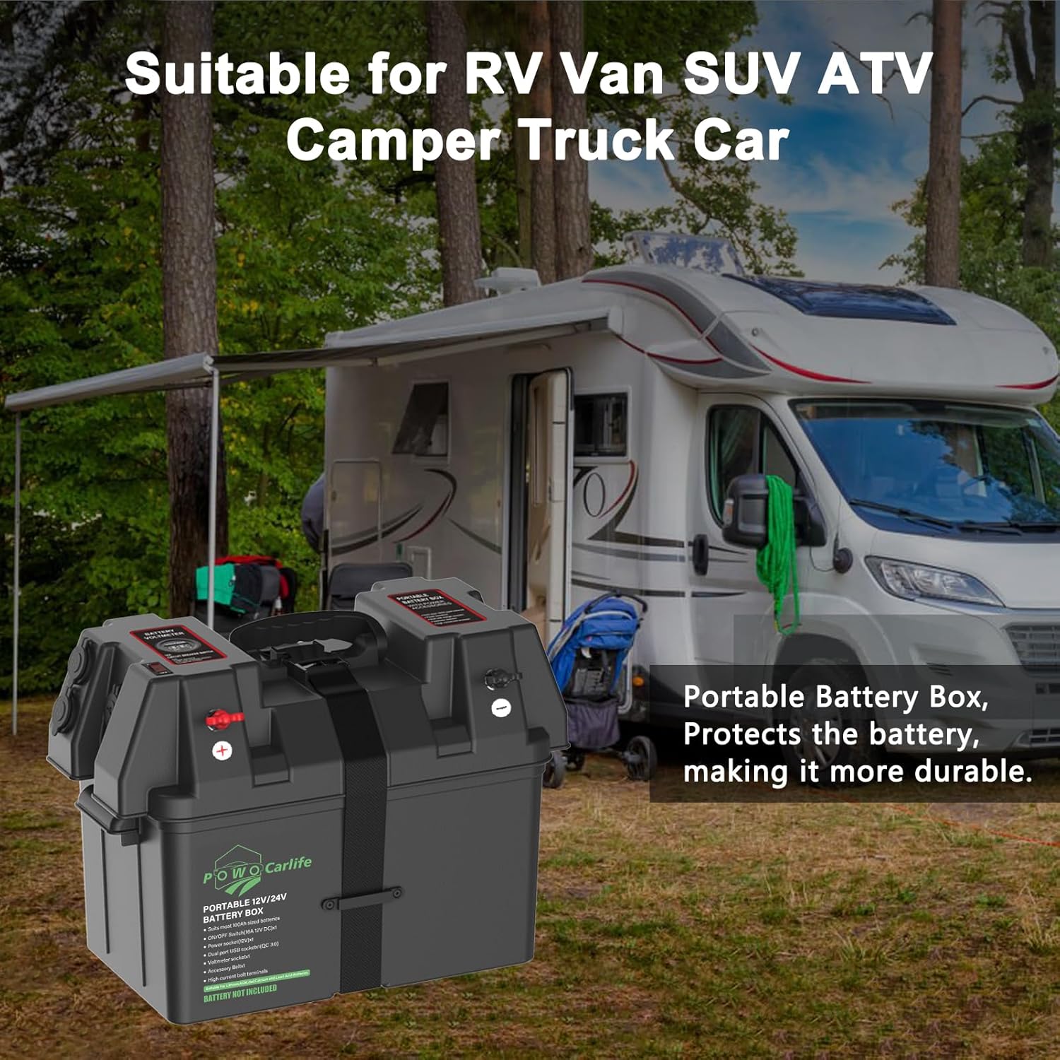 Trolling Motor Battery Box with Dual QC3.0 USB and Accessory Output 12V Ports, 100A Battery Terminals Provide Support for Camping, Boat, and RV