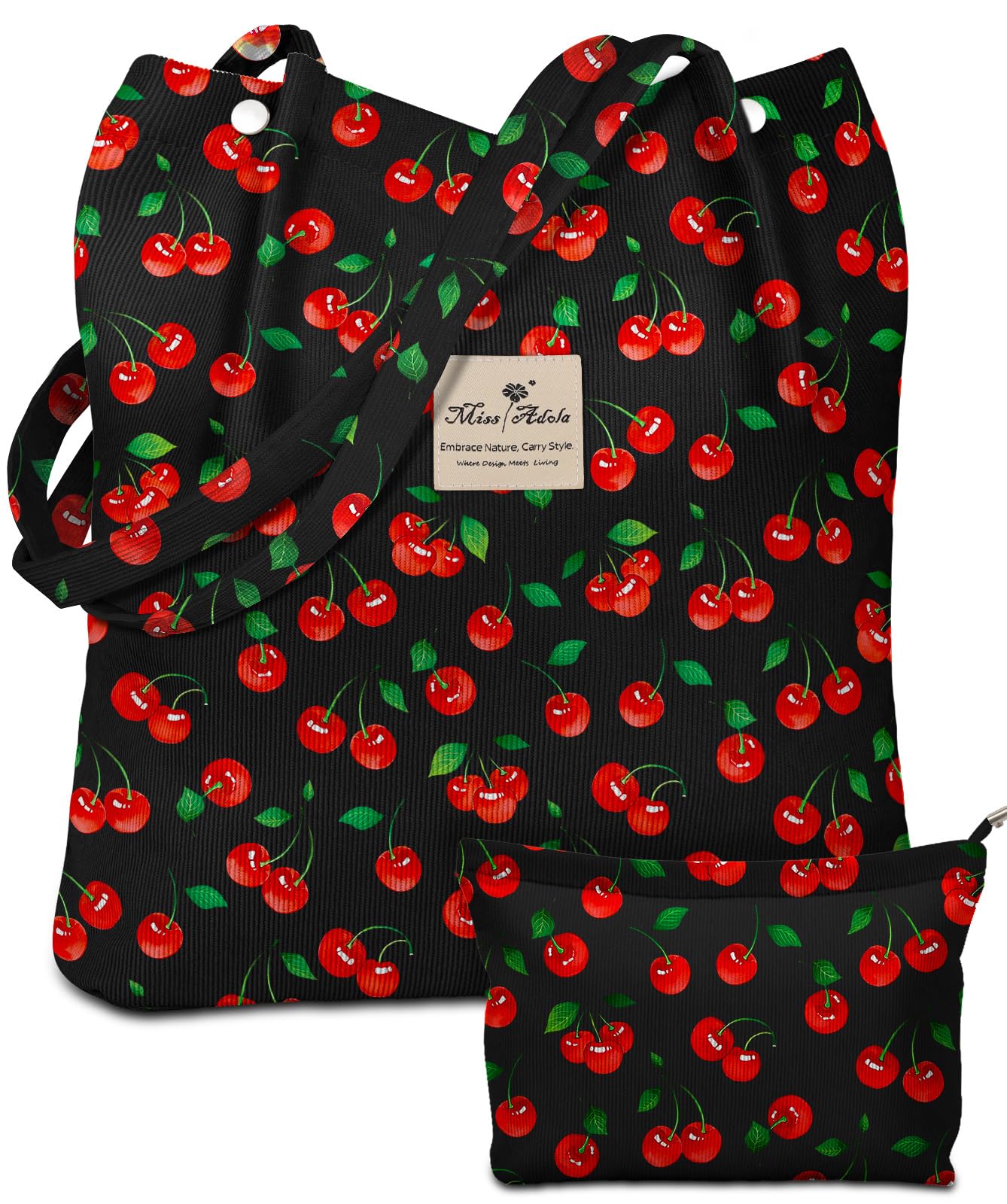 Miss Adola Aesthetic 2 Pack Corduroy Tote Bag - with Makeup Pouch Bag for Women Reusable Grocery Bag for Gym, Travel, Work