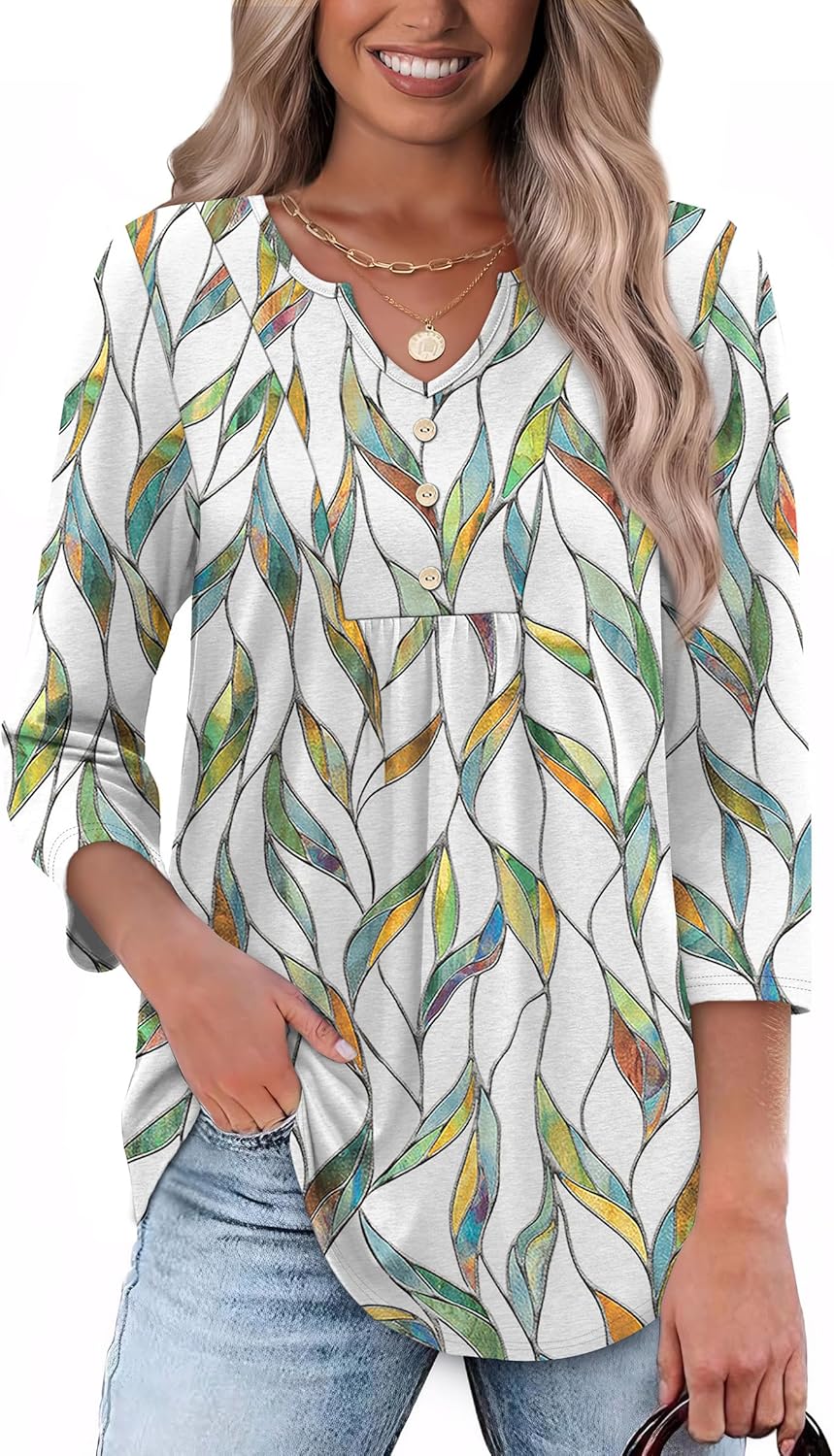 WIHOLL Womens Tops Fall Fashion Must Have 3/4 Length Sleeve Shirts Business Casual Outfits Basic Tees - Image 3