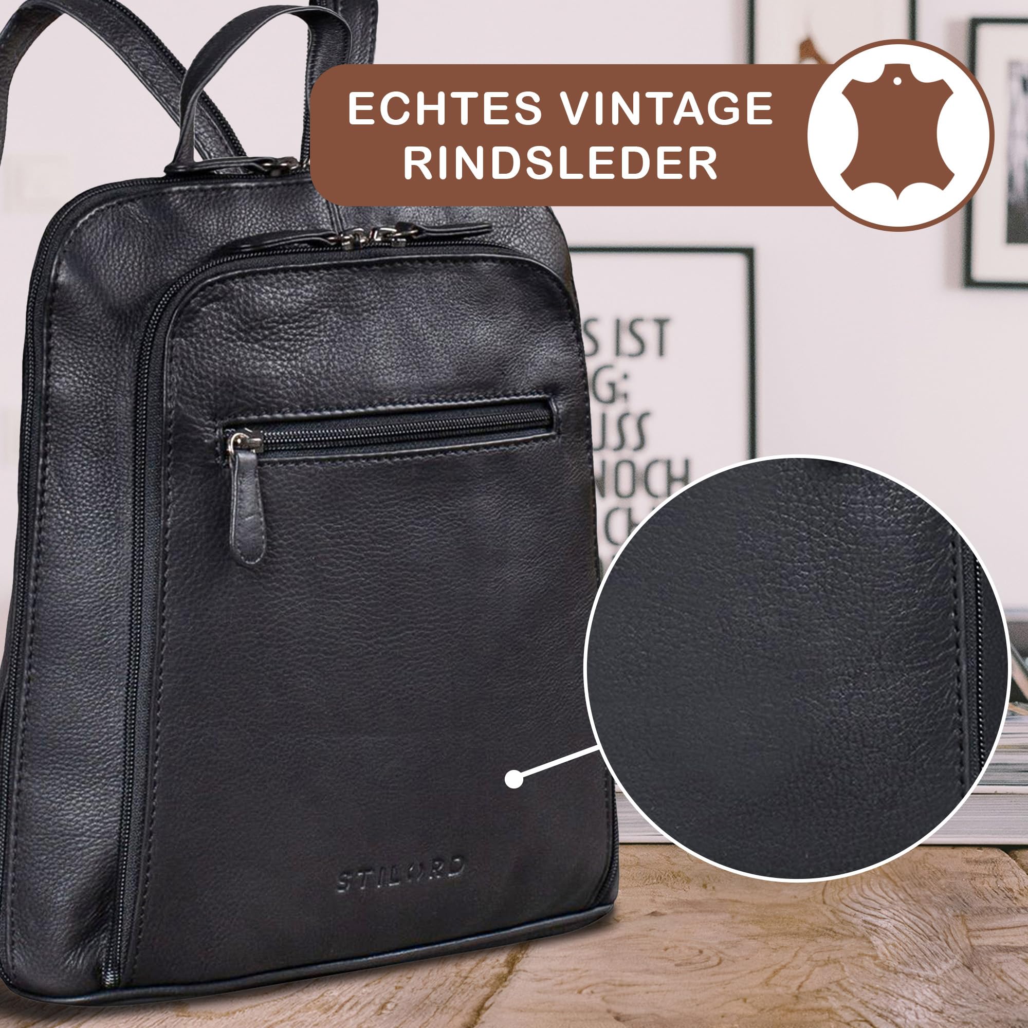 STILORD Damen-Rucksack aus Leder schwarz - Vintage Tagesrucksack - Frauen-Rucksack - Kleiner Echtleder-Rucksack - Handtasche May