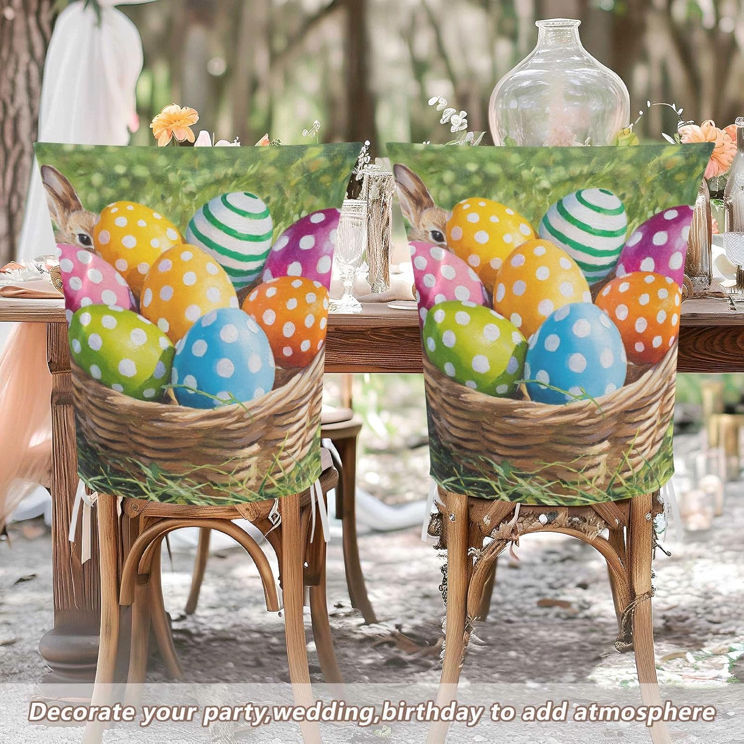 ALAZA Cute Easter Eggs Rabbits Chair Back Cover Set of 6, Washable Reusable Removable Chair Slipcovers Decorative Chair Cover for Home Kitchen Wedding Party