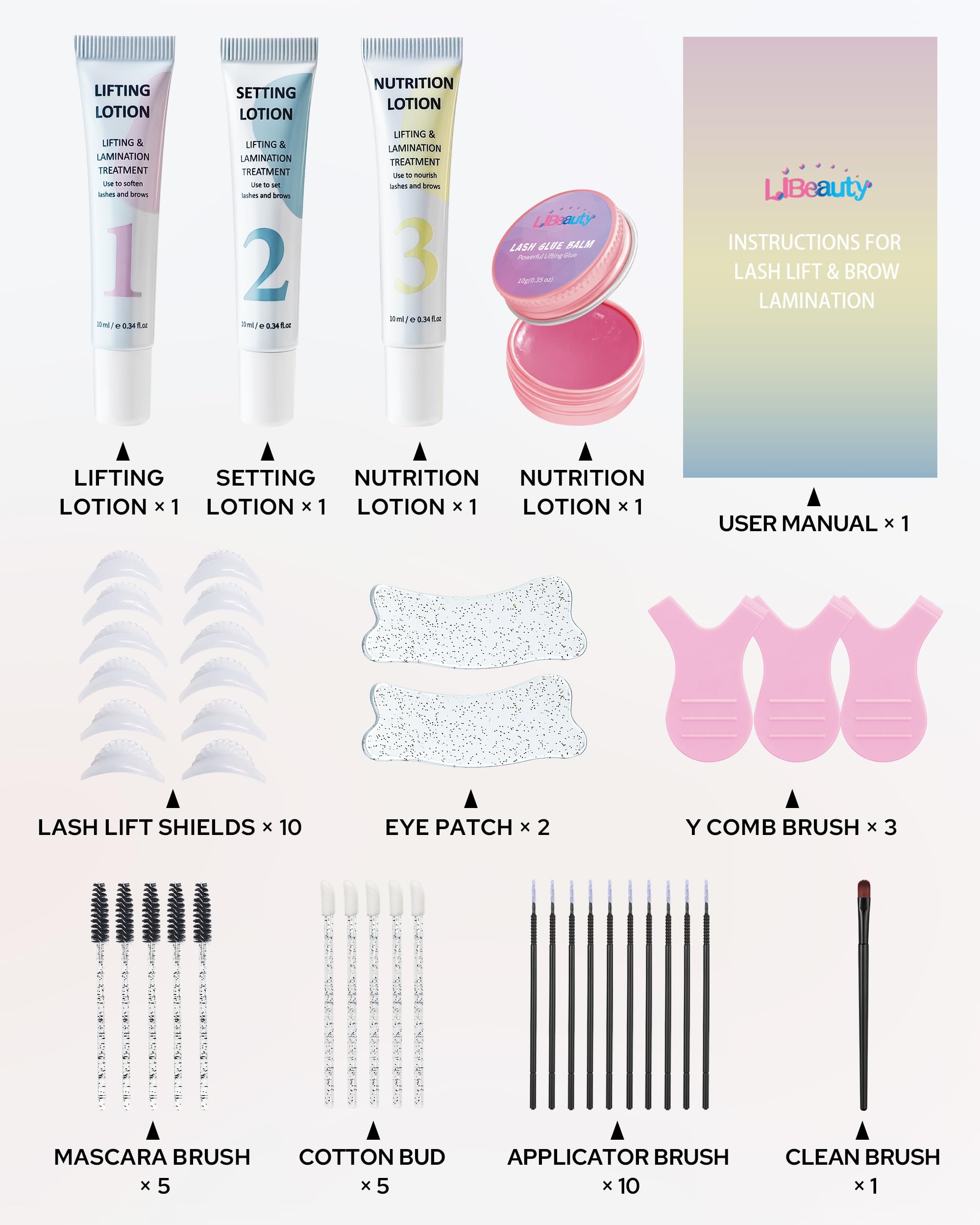 Libeauty Kit Lifting de Pestañas y Laminación de Cejas, Diseño en Tubo para Fácil Aplicación, Control Preciso, Ricci Naturales, Uso en Casa y Salón