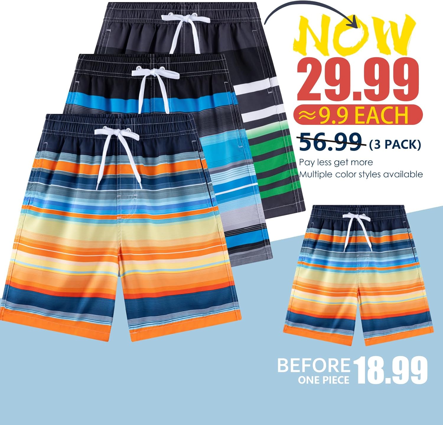 Boys Swim Trunks 3 Pack, Quick Dry Bathing Suit, UPF 50+, Mesh Lining, Beach Shorts for 5-16 Years - Image 2