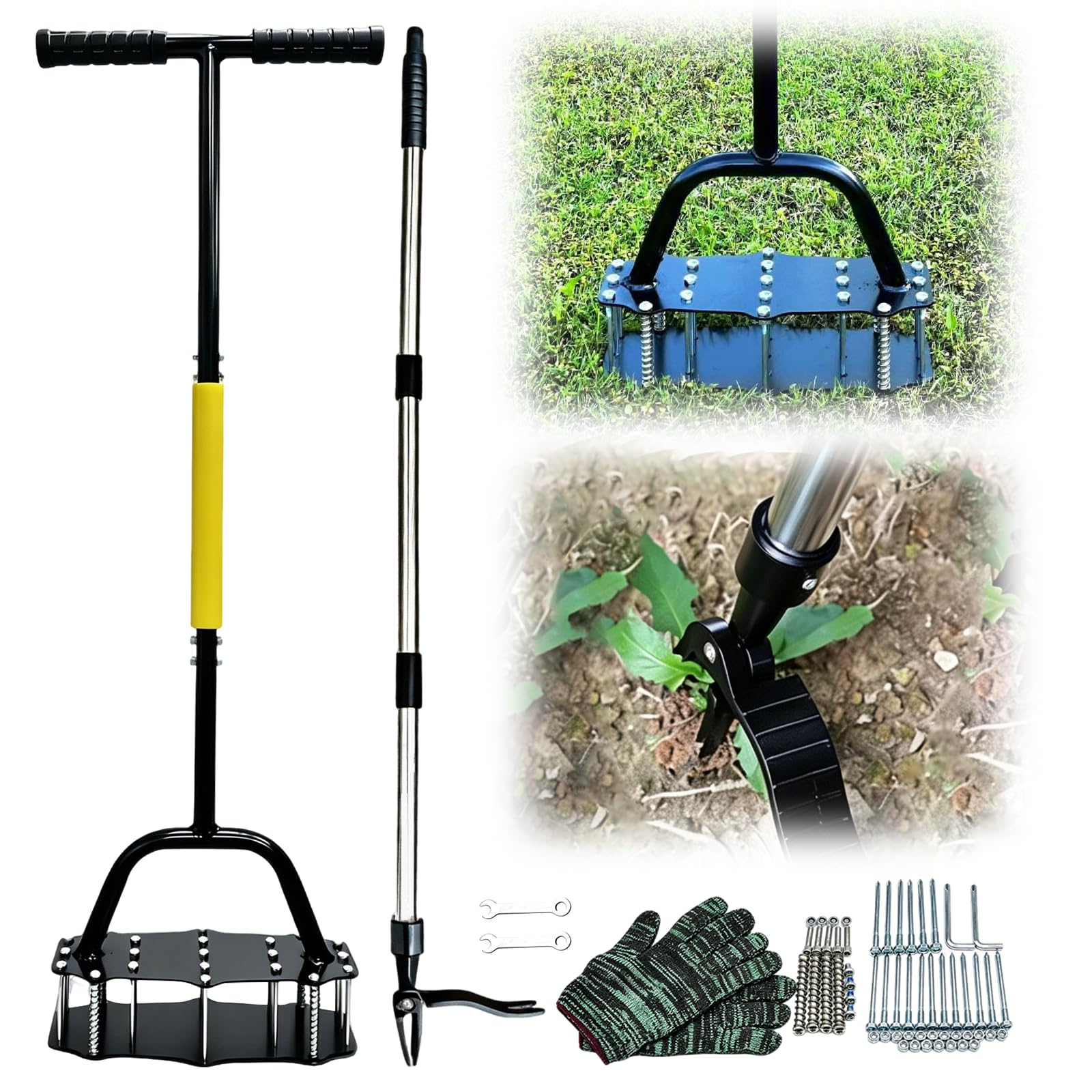 BRGD 2 Pezzi Estrattore per Erba da Giardino, Aeratore per Prato da Giardino con Guanti per Terreno Compattato, Giardinaggio e Manutenzione del Prato