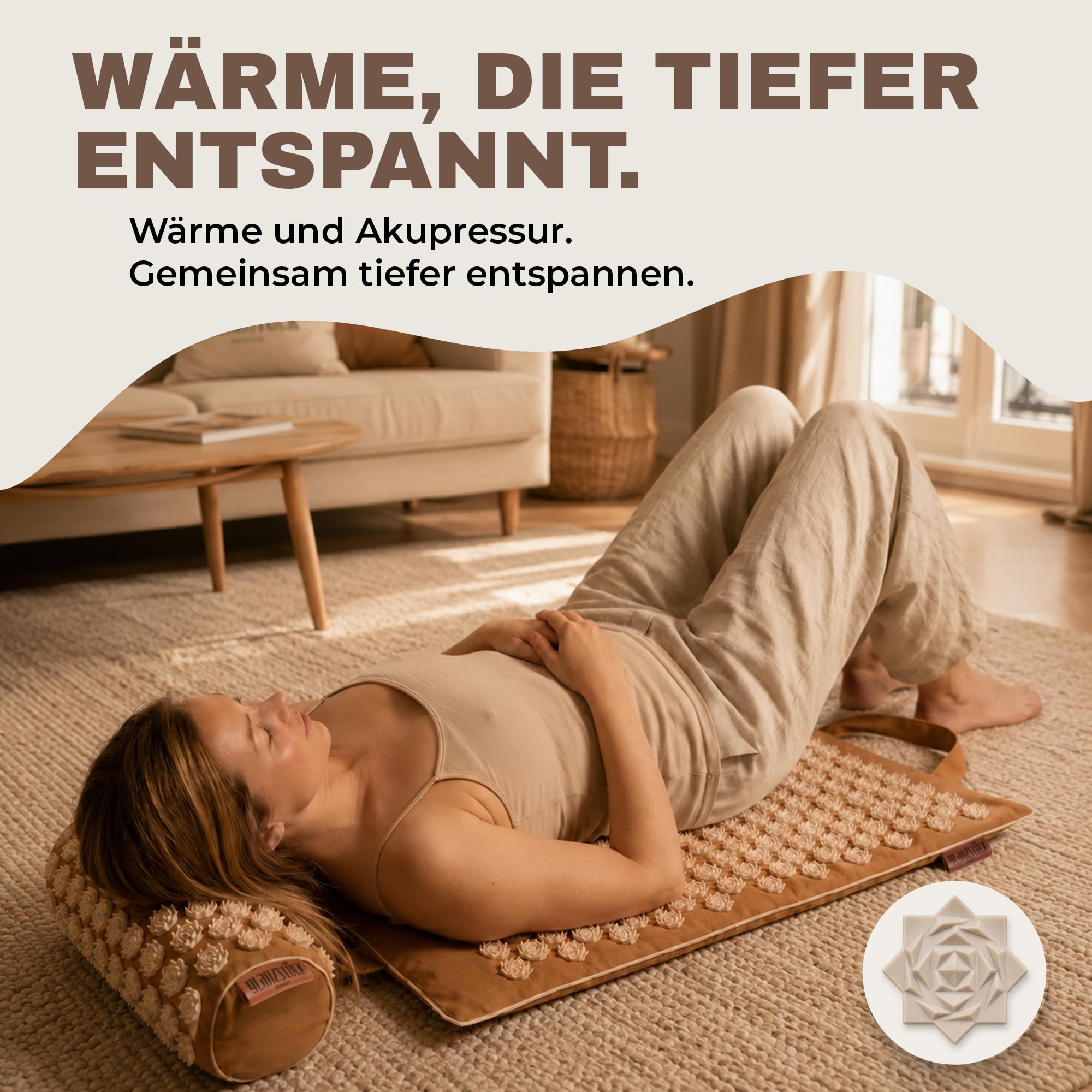 Glanzstück Berlin® Health Collection: set XL per agopressione Hot Edition riscaldabile elettricamente in lino, aiuto per tensioni, mal di schiena, tappetino da massaggio con borsa per cuscino