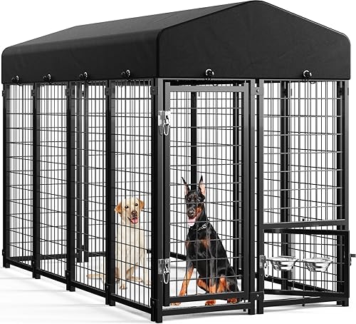 Vista 30 de Sino Luban Perrera para perros al aire libre con puerta para perros, alimentador giratorio y techo - 8 x 4 x 6 pies corrales grandes para perros