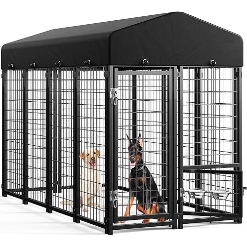 Sino Luban Outdoor Dog Kennel Outside Run with Doggy Door, Swivel Feeder&Roof - 8x4x6FT Large Dog Kennels Pens Outside for Large Dogs Breed- Heavy Duty Cage Yard (Can Connect to Your Dog House)