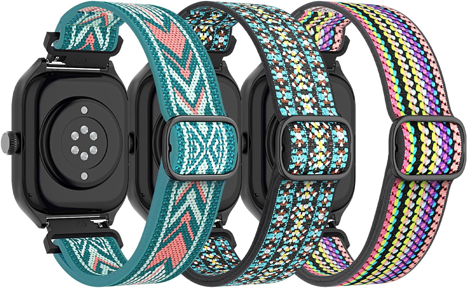 3 Pack Stretchy Nylon Bands Compatible with Amazfit Active/Active 2/GTS 2/2 Mini/2e/3/4/4 Mini/Bip 3/3 Pro/U/U Pro/GTR Mini/42mm Smartwatch, 20mm Elastic Fabric Strap for Women Men, GA+R+BB