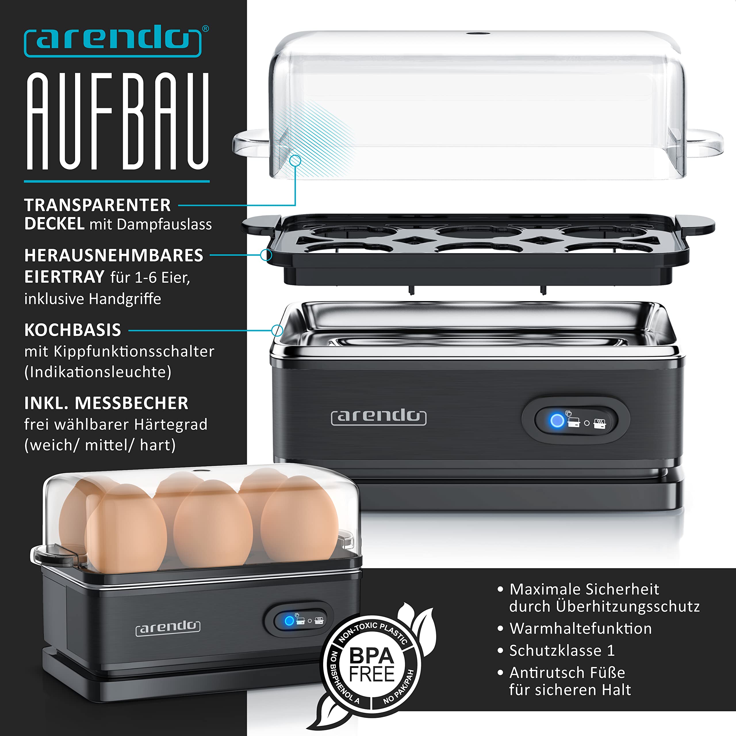 Arendo Wasserkocher Toaster Eierkocher Set Edelstahl Schwarz 1,5L 40-100°C 2 Scheiben LED 6 Bräunungsgrade 1-6 Eier BPA frei
