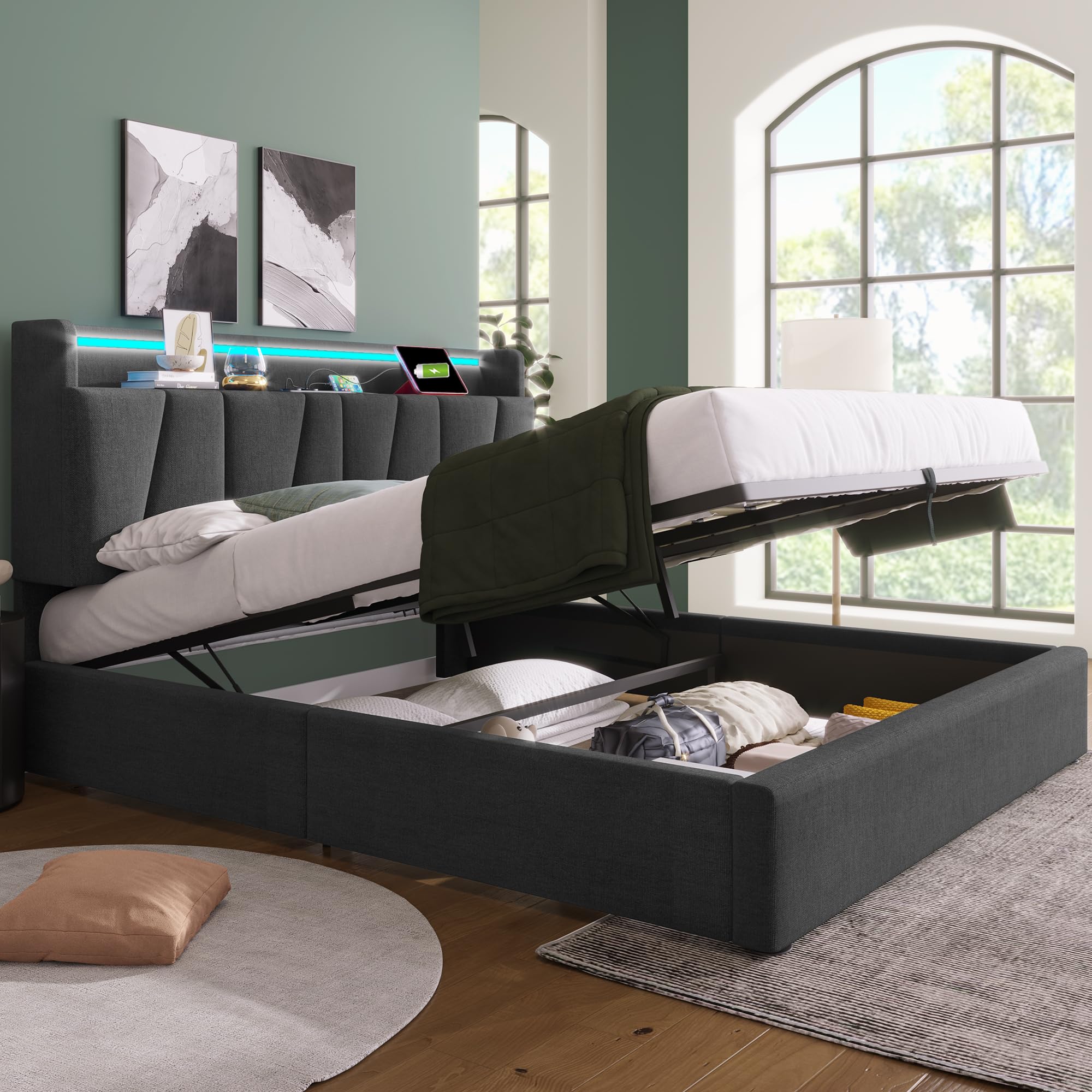 Rtopsu Letto Imbottito Letto Matrimoniale 160x200 cm con LED e USB Contenitore Testata, Letto con Contenitore, Telaio del Letto con Rete a Doghe in Legno, Lino, Grigio, Senza Materasso