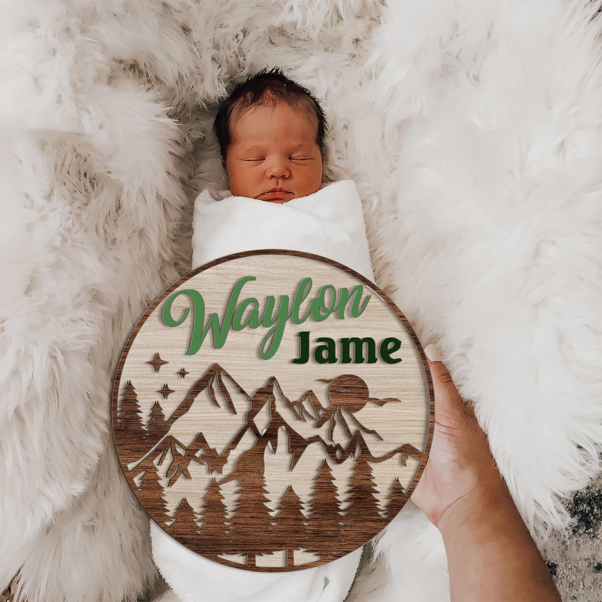 Mondily Personalized Baby Name Signs, Baby Birth Announcement Sign, Mountain Name Signs for Nursery Decor, 2 Layers Wood Birth Stat Sign for Daughter Photography Prop, Baby Shower Gifts