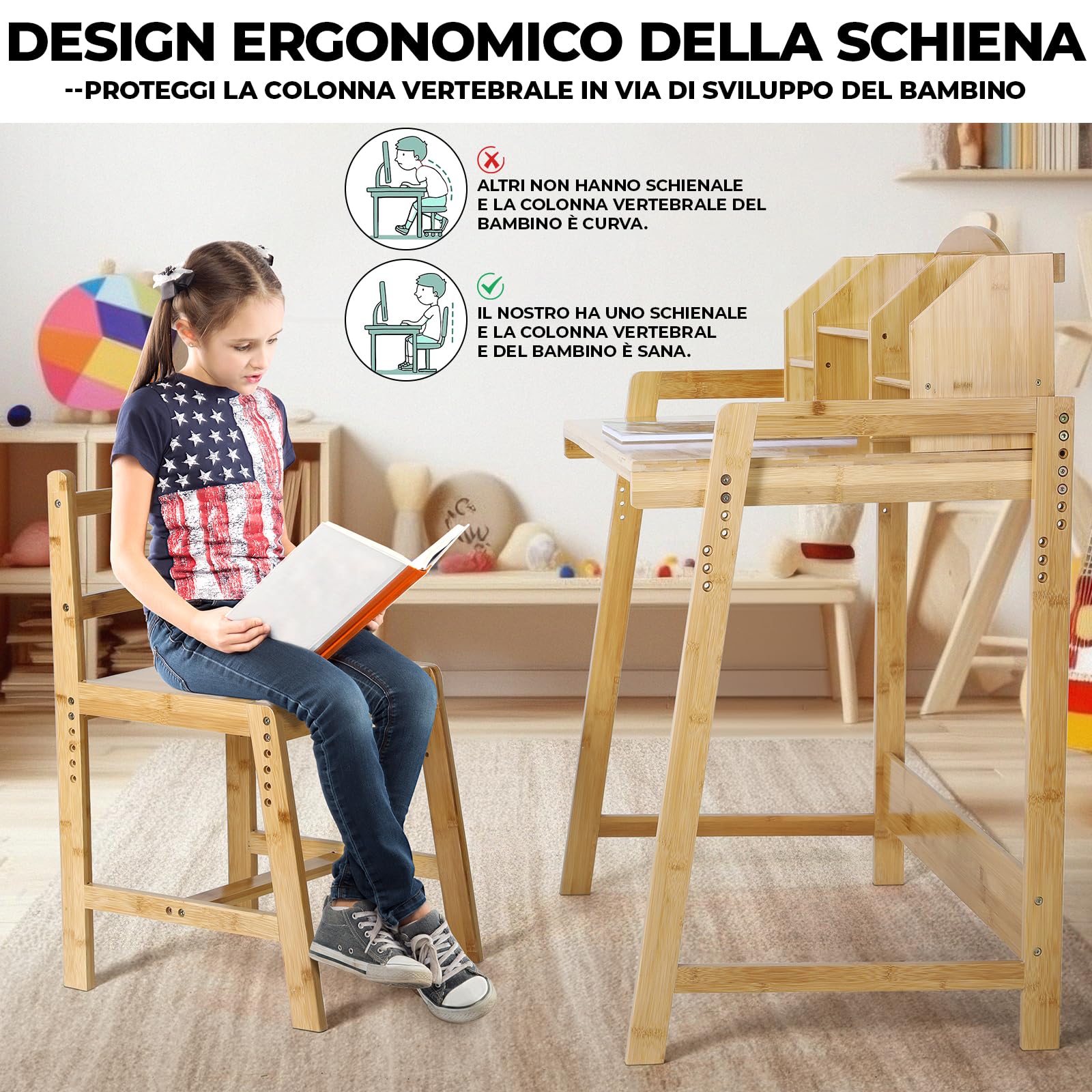 Scrivania per bambino Regolabile in Altezza, con Sedia, in Legno di Bambù, Supporto per Libri, Set da Scrivania, Colore Naturale