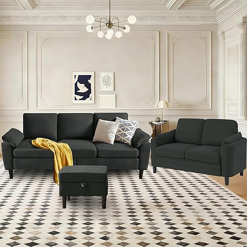 Miniatura 24 de Juego de sofá modular de 2 piezas para sala de estar, sofá convertible moderno de lino en forma de L de 79 pulgadas con otomana móvil y silla Gris