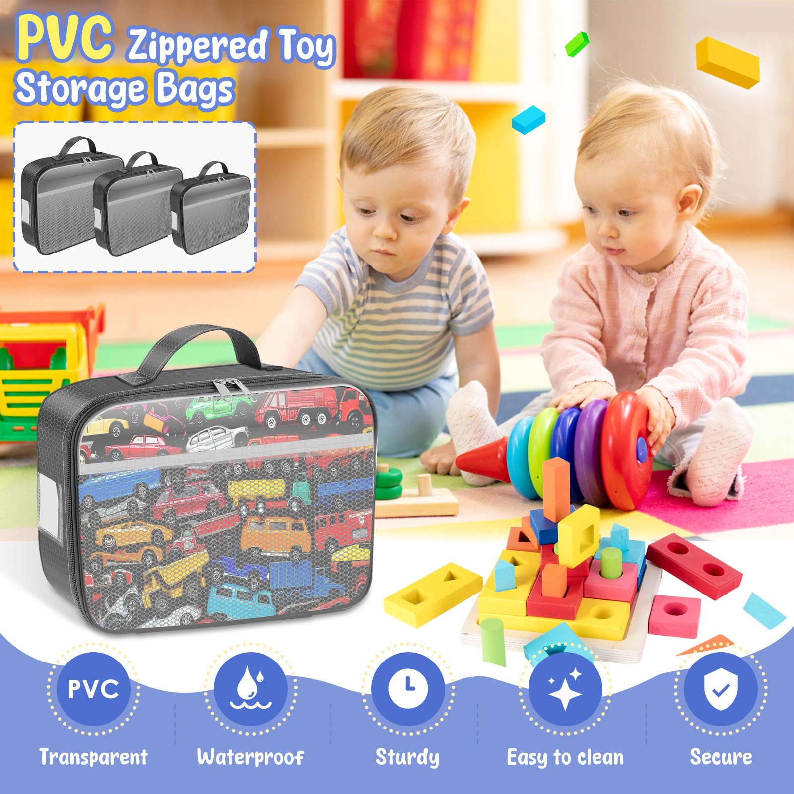 3 Pcs Toy Storage Bags, Zippered Board Game Storage with Handle, PVC Zippered Blocks Storage Organizer Case, Portable Toy Carrying Case Practical Toy Bags for Building Blocks Puzzle Stationery
