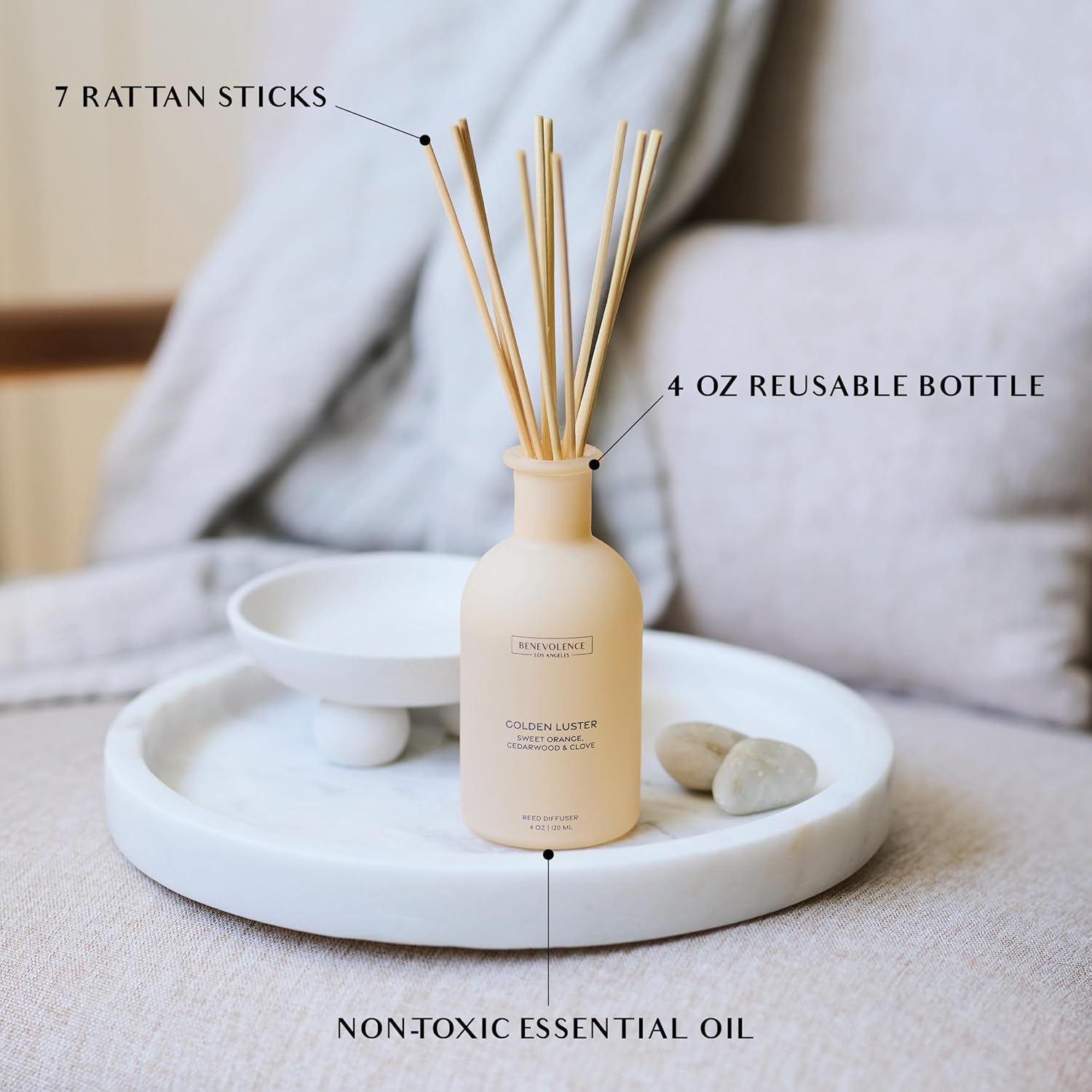 Benevolence LA Reed Diffuser - Orange, Cedarwood & Clove | Home Fragrance Diffuser for Home & Bathroom | Long-Lasting Scent Sticks - Malibu Sands Collection - Image 5