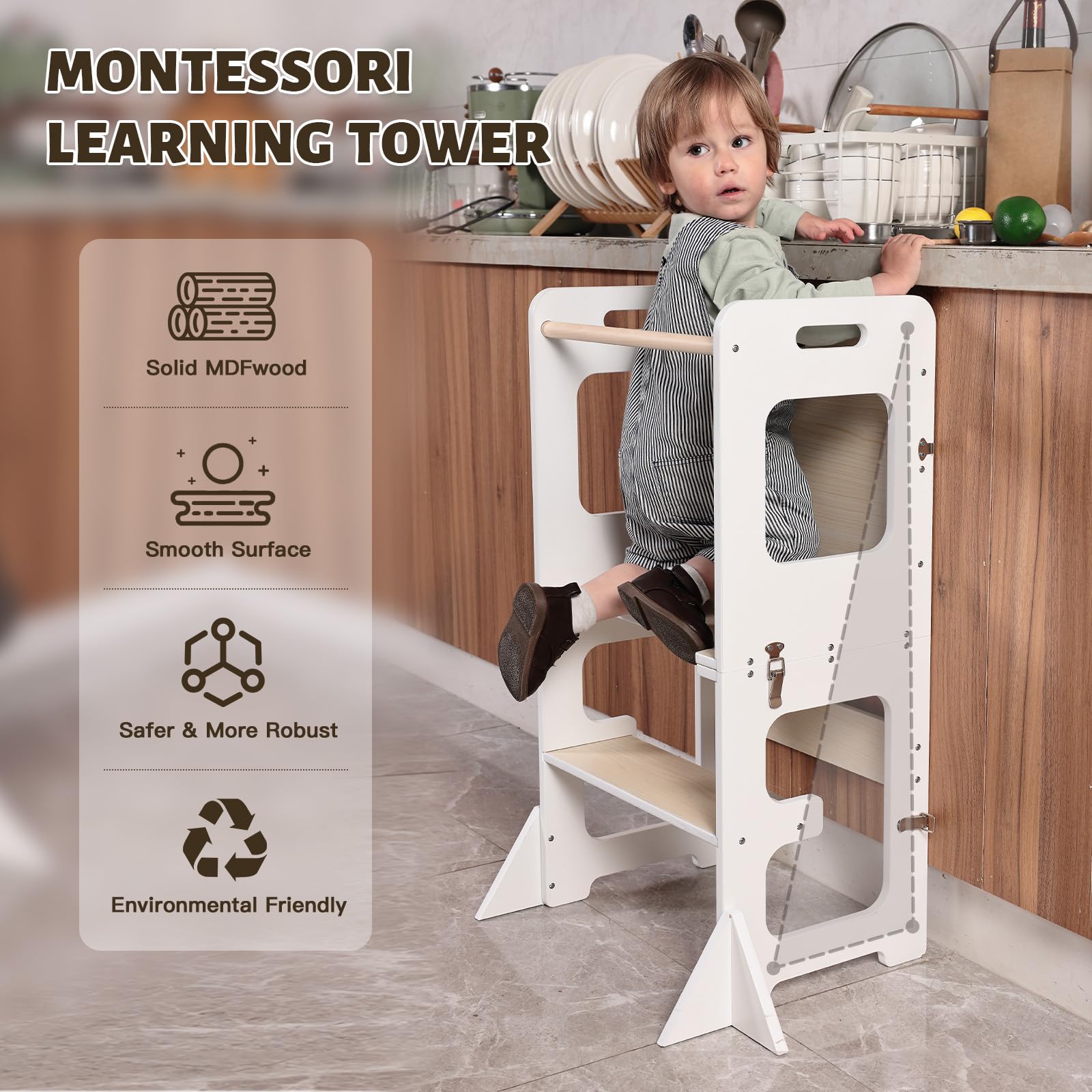 Labebe Lernturm ab 1 Jahr, Montessori Learning Tower mit Tafel, 3 in 1 Multifunktion Lernturm Klappbar, Umkippschutz Farbblockiertes Tritthocker Kinder-Weiß&Holz
