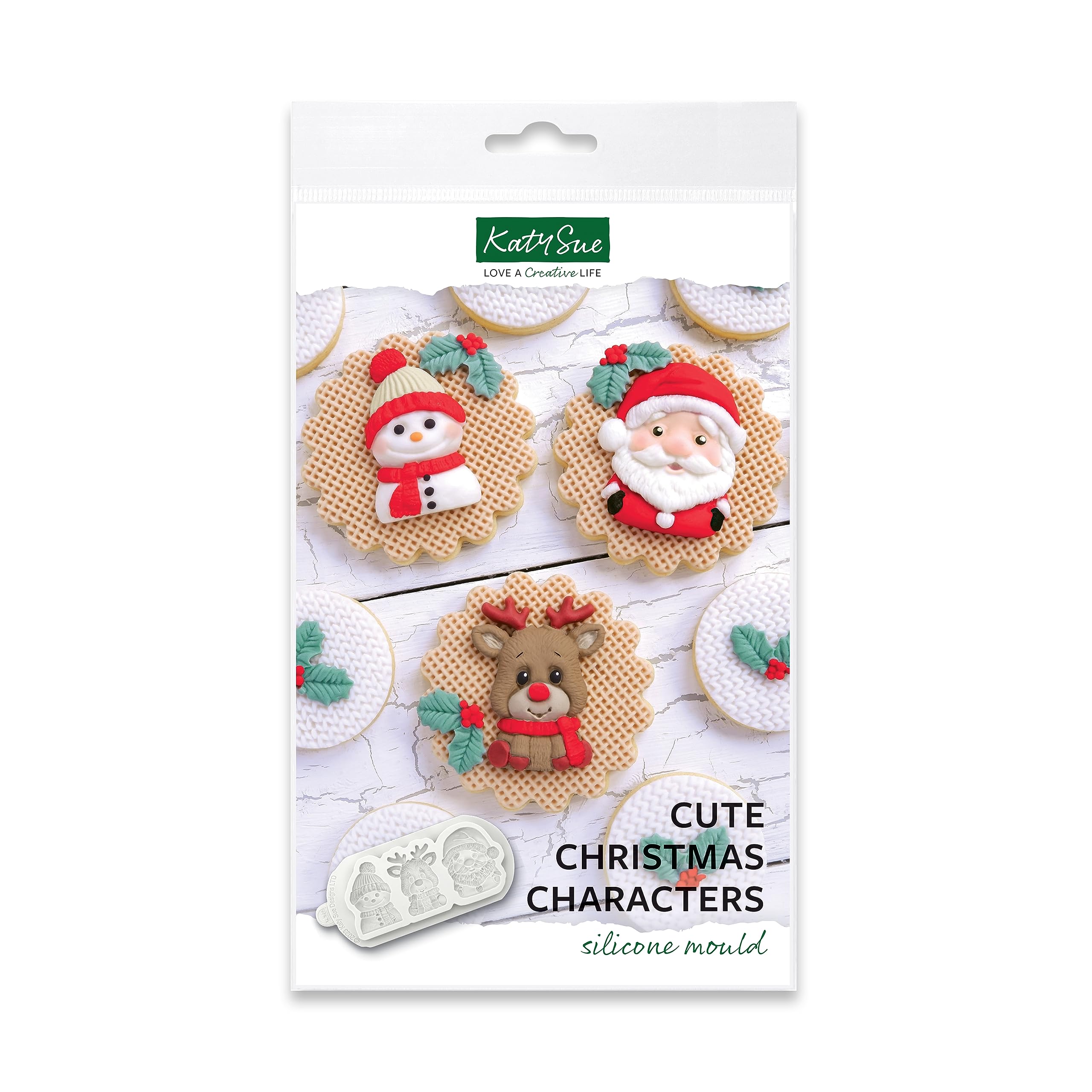 Katy Sue Cute Christmas Characters Silicone Mould for Christmas Cookie, Cake Decorating & Craft. Makes Santa, Reindeer & Snowman 50 Tall x 38 Wide in Millimetres for Fondant, Air Dry & Polymer Clay