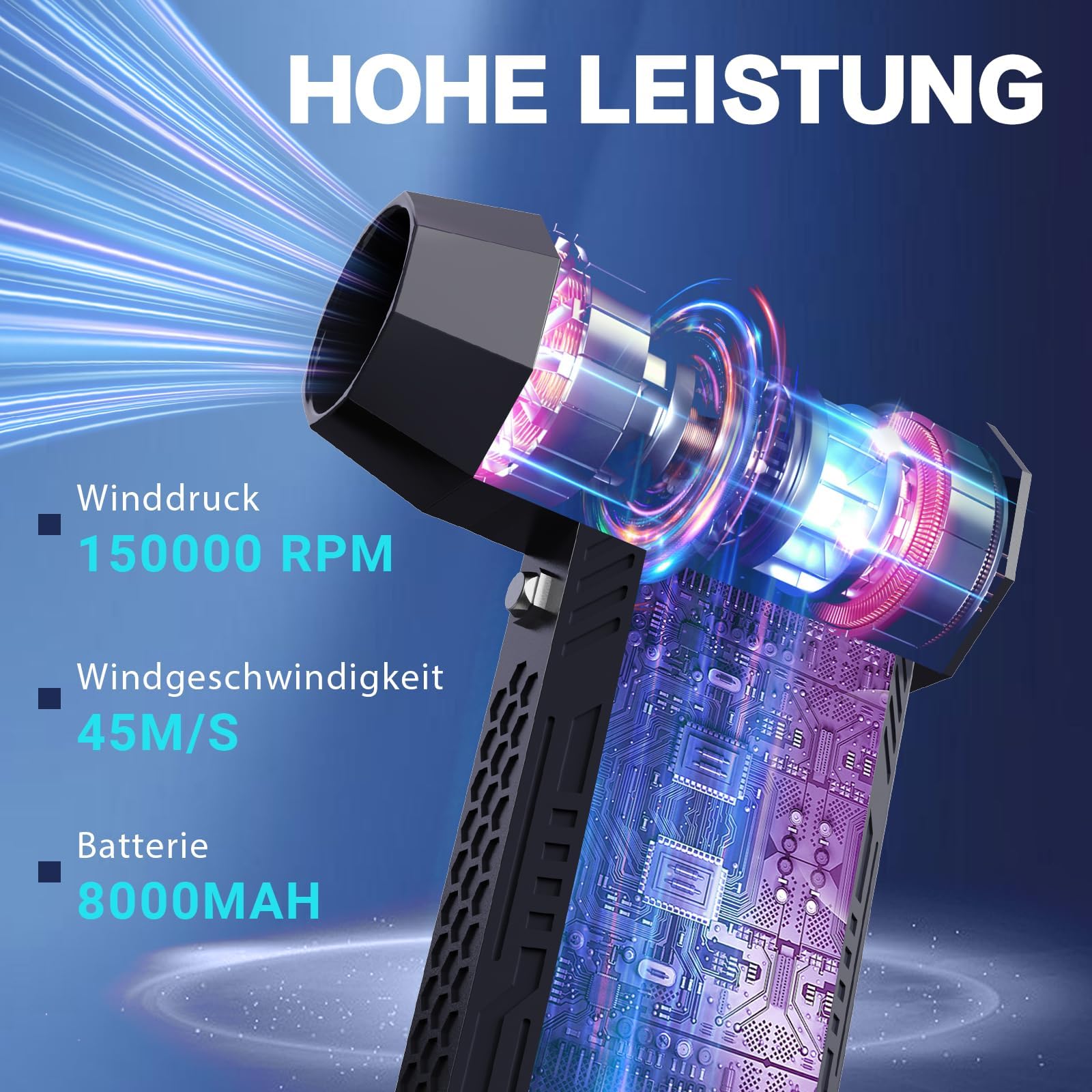 Soffiatore Aria Compressa-150000RPM/180W Rimuovi Polvere Aria Compressa,Mini Soffiatore,Aria Compressa a 3 Ingranaggi con Batteria Ricaricabile e Illuminazione a LED,Super Vento,per Computer,Tastiera
