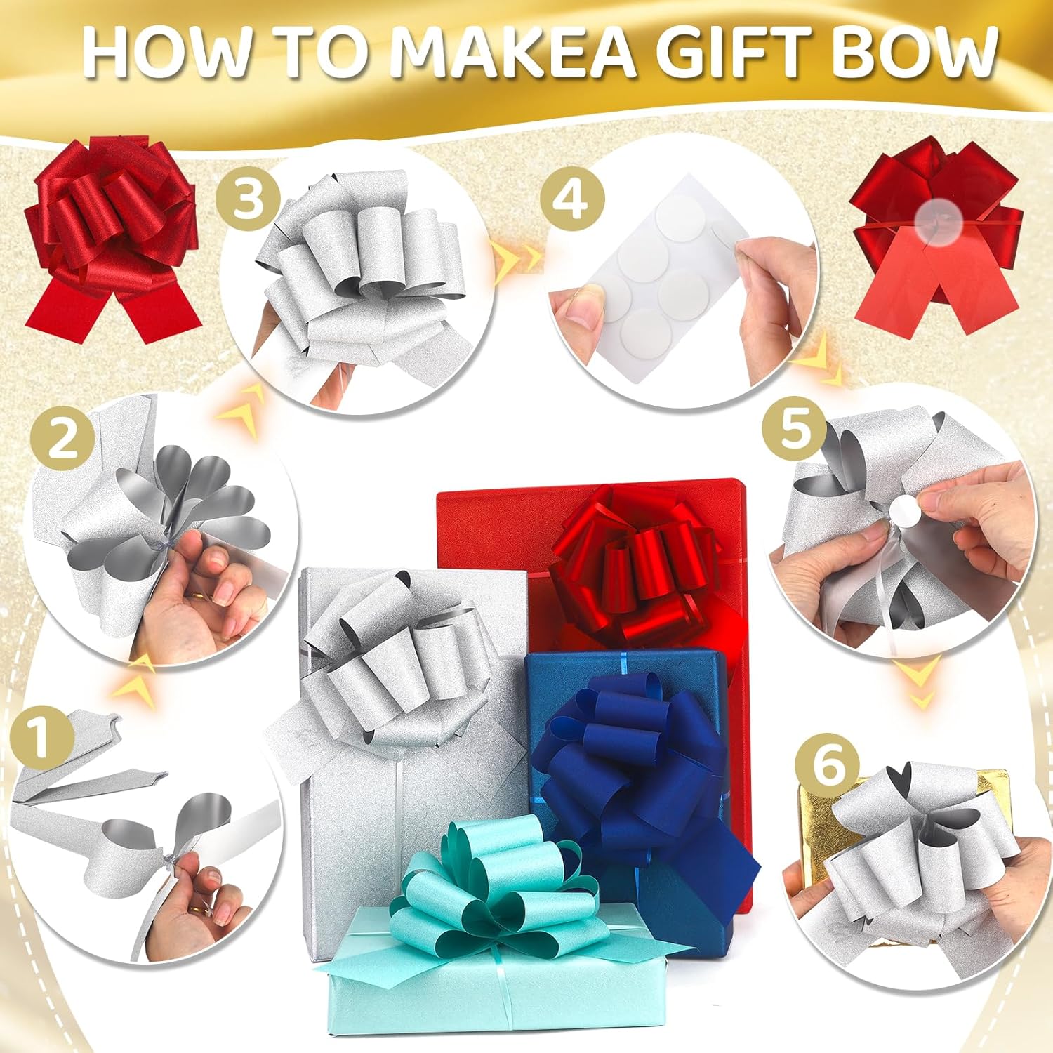 24 pcs Pull Bow Glitter Gift Wrapping Ribbon Bow Metallic Holiday 6inchs Adhesive Gift Bows for Wedding Present Warp Christmas Wedding Baskets Valentine Easter Party (24Pcs-Mix Colors-I) - Image 4