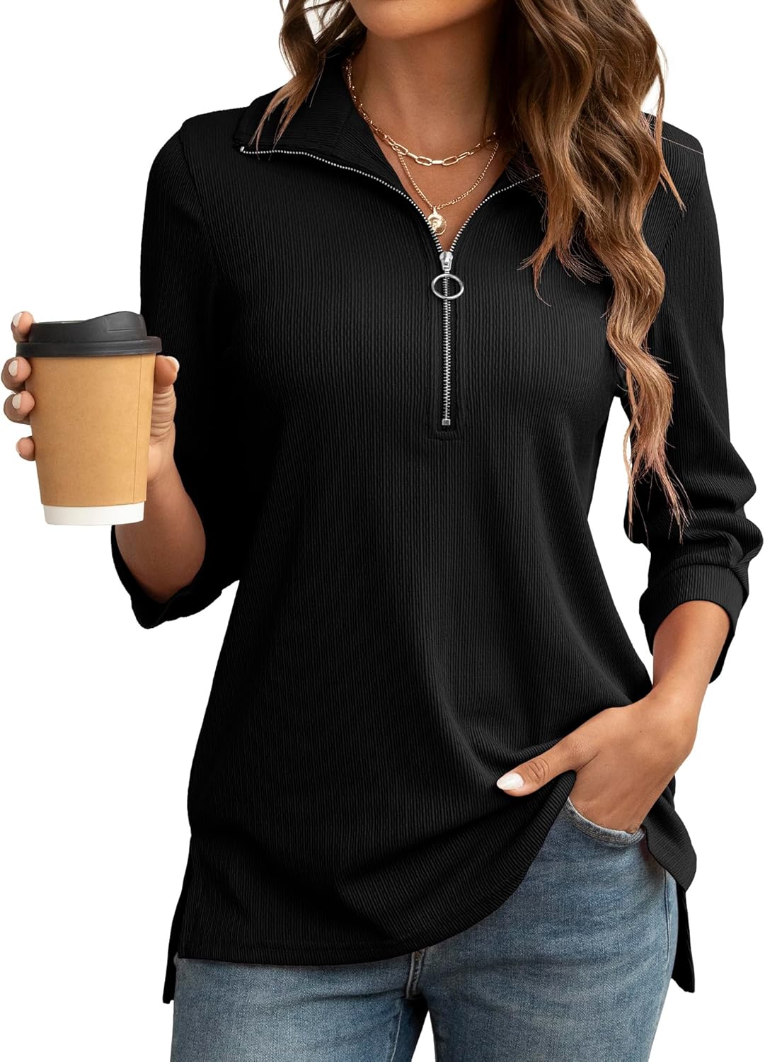 COSSEN Womens Tops Dressy Casual Shirt 3/4 Sleeve V Neck Business Casual Blouses Zipper Collar Women Polo Shirts