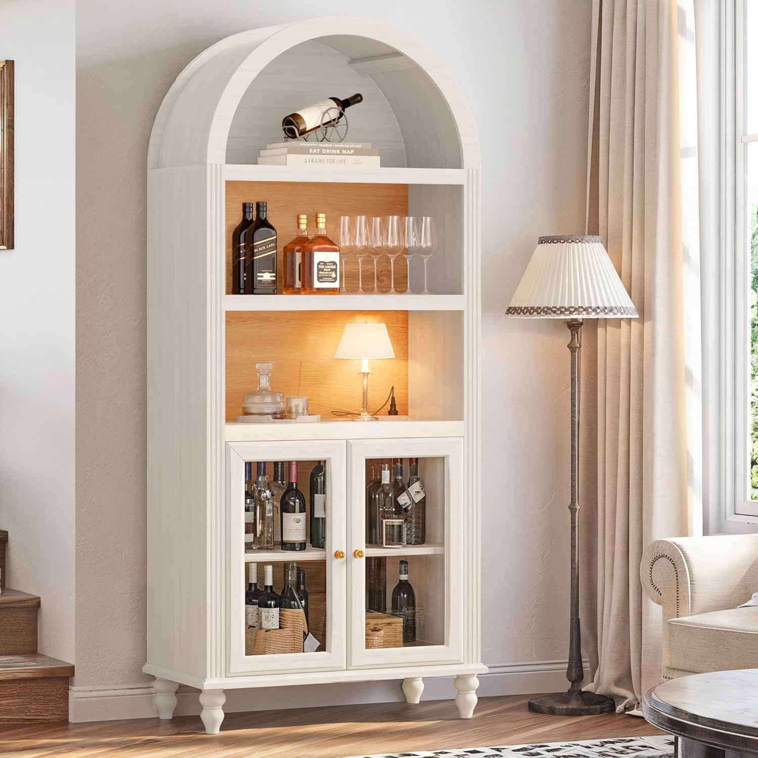 FIMELLO 72'' Arched Bar Cabinet with Storage, White Grain
