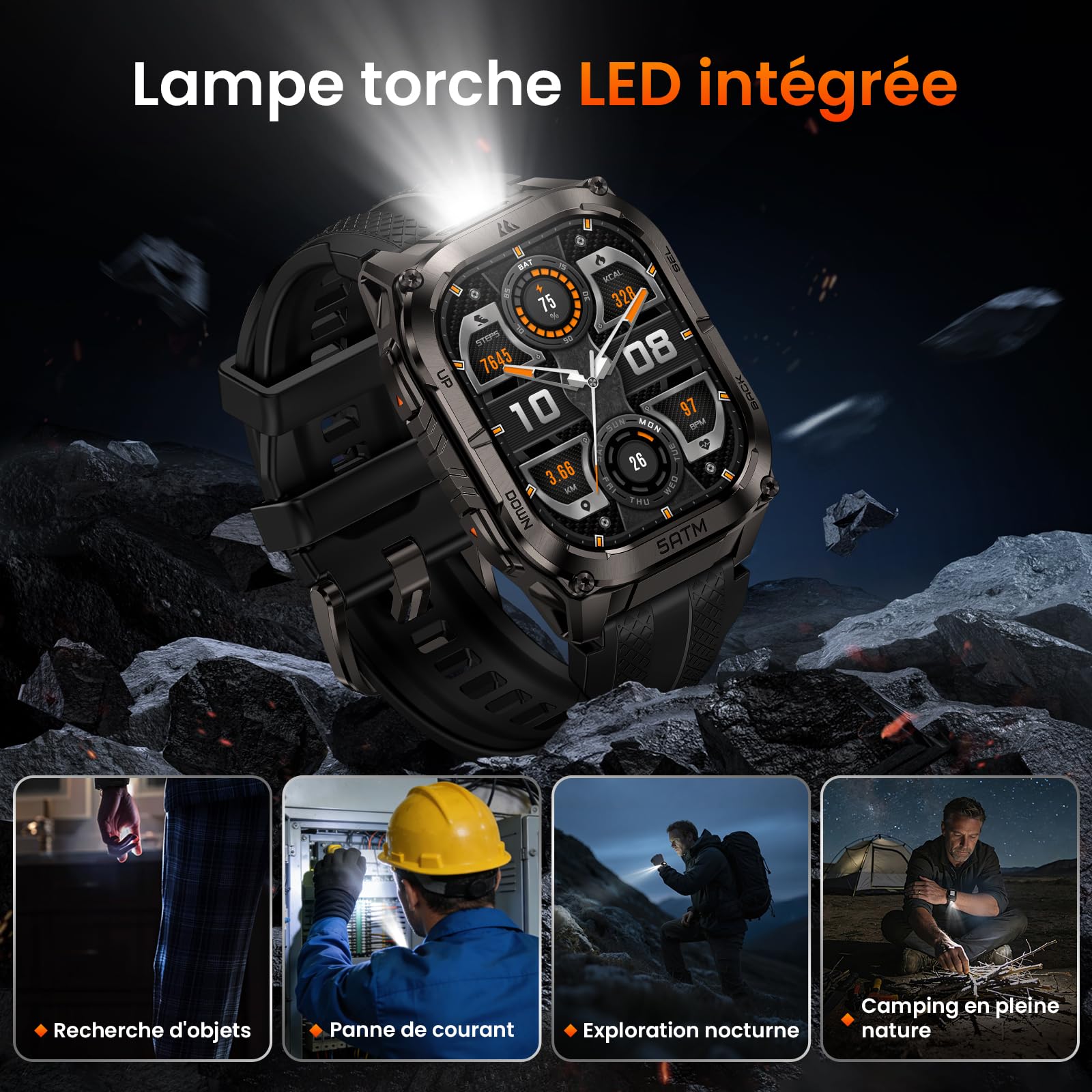 KOSPET Tank M4C Montre Connectée Homme GPS, Lampe Torche LED, 1.96'' AMOLED (Noir) | Étanche 5 ATM, IP69K, Talkie-Walkie, 15 Jours Autonomie, Suivi de Santé et Sommeil, 170+ Mode Sport, Compatible Android & iOS