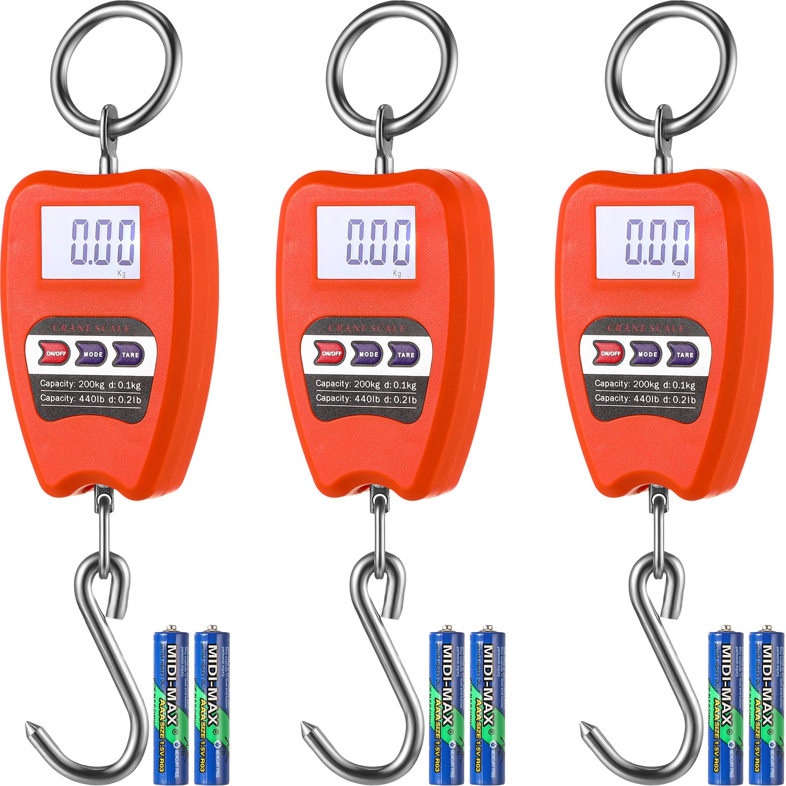 3 Pcs Digital Hanging Scale 200kg/440lbs Hanging Weight Scale Heavy Duty Handheld Digital Crane Scale with LED Display and Hooks for Garage Farm Hunting Fishing Bow Draw Weight Outdoor, Orange