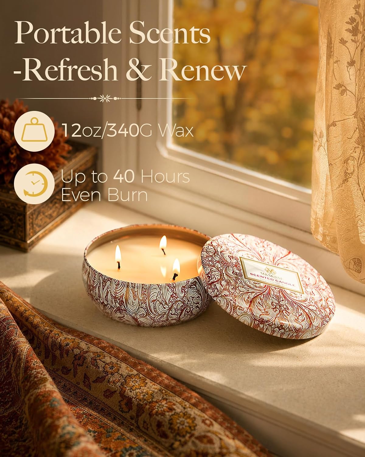 M&SENSE Pumpkin Apple Scented Fall Candles, 3 Wick Soy Wax,12oz