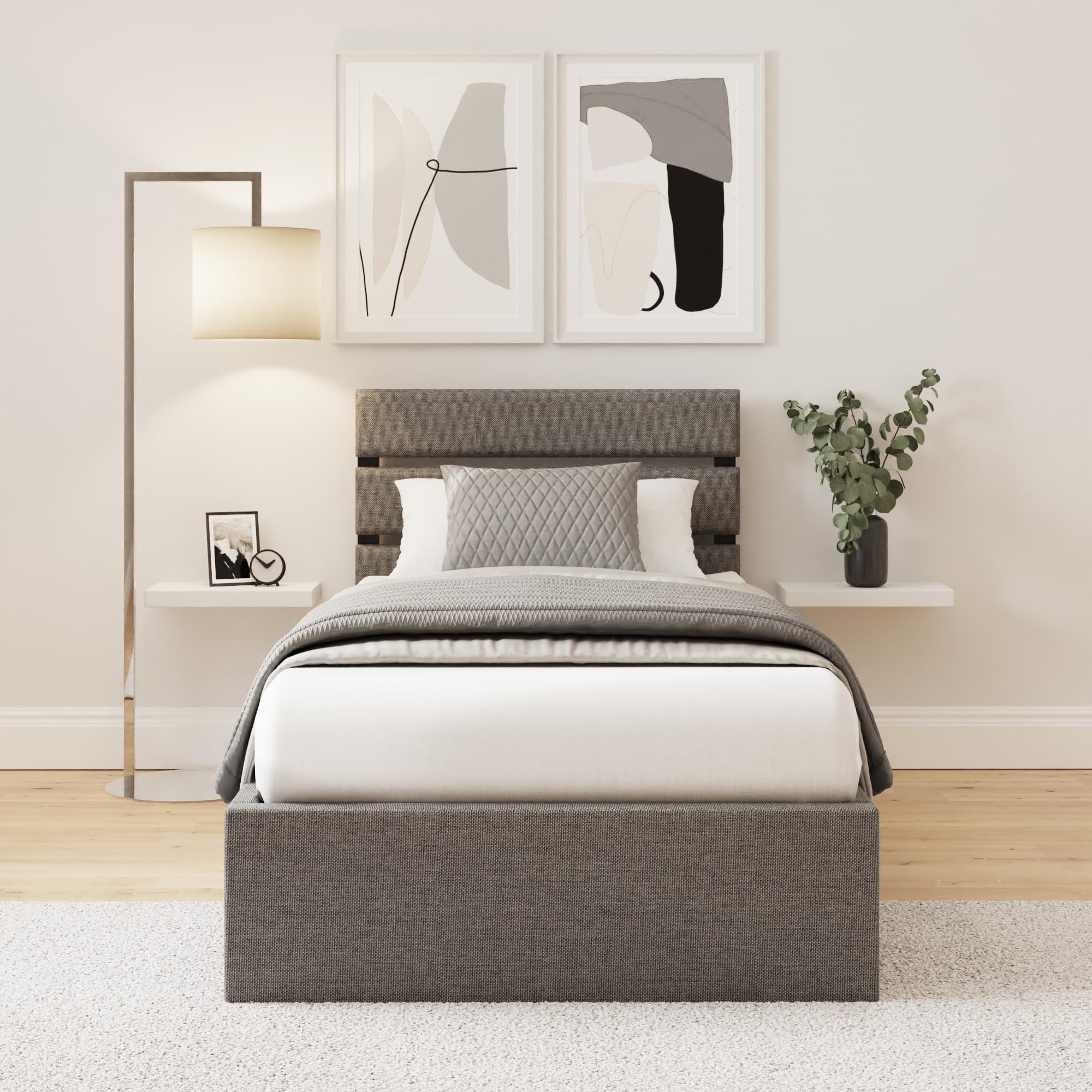 GFW Hudson Single Grey End Lift Ottoman Bed - Modern Fabric Upholstered Bed with Underbed Storage