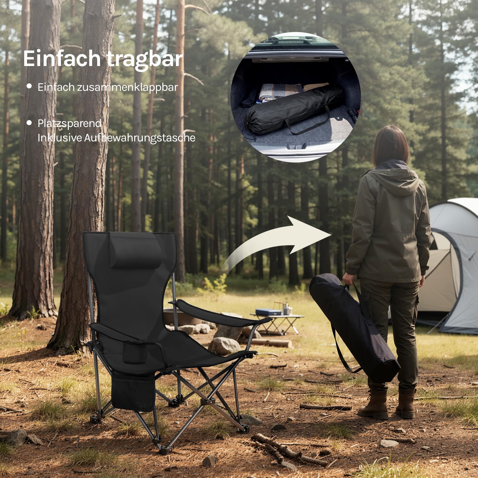 WOLTU Campingstuhl Faltbar mit Fußablage,2-in-1 Strandstuhl klappbar,Angelstuhl Camping Klappstuhl mit Getränkehalter Aufbewahrungstasche für Camping Strand Angeln