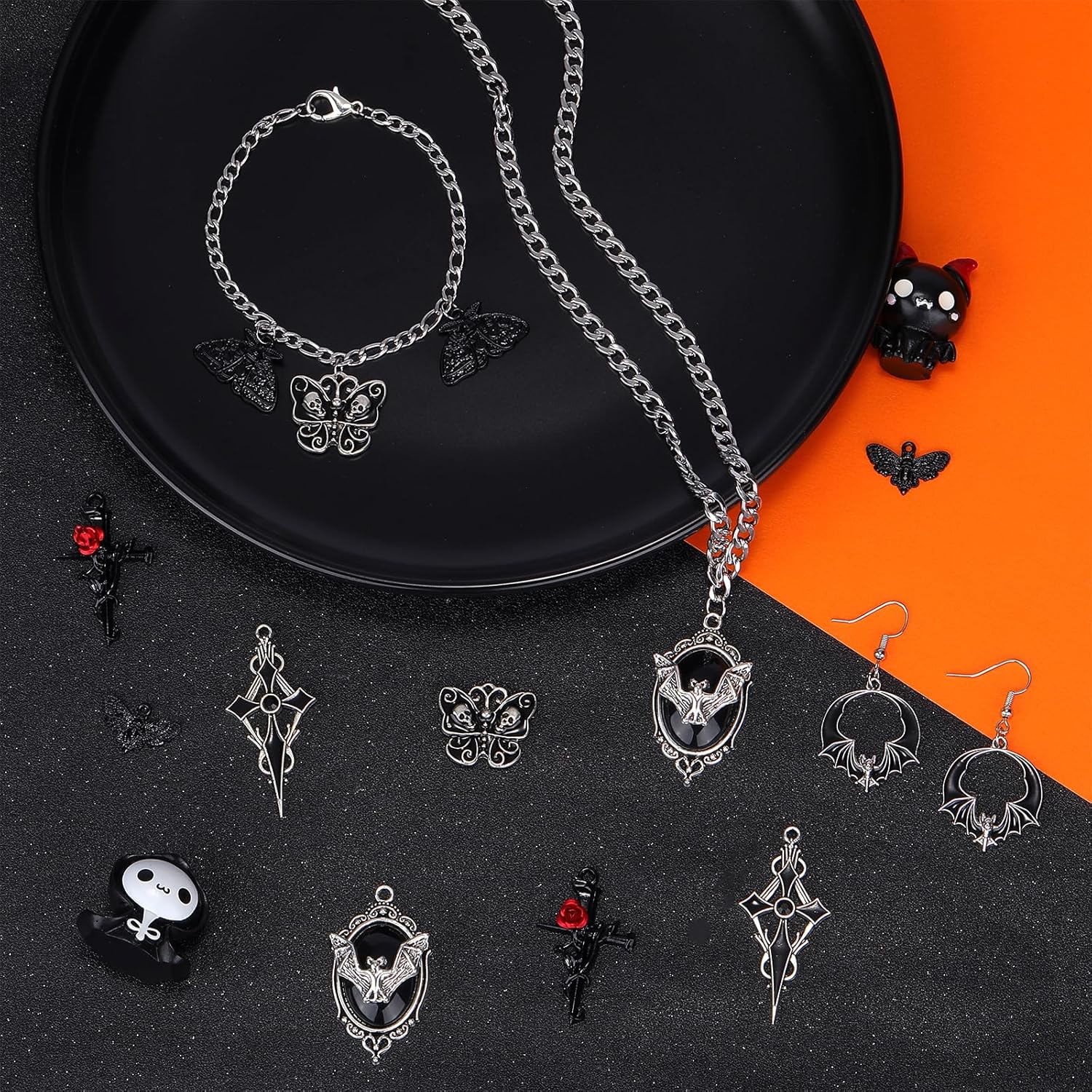 14 Gothic Style Cross Moth Bat Skull Pendants Halloween Charms for Jewelry Making DIY Craft Supplies - Image 4